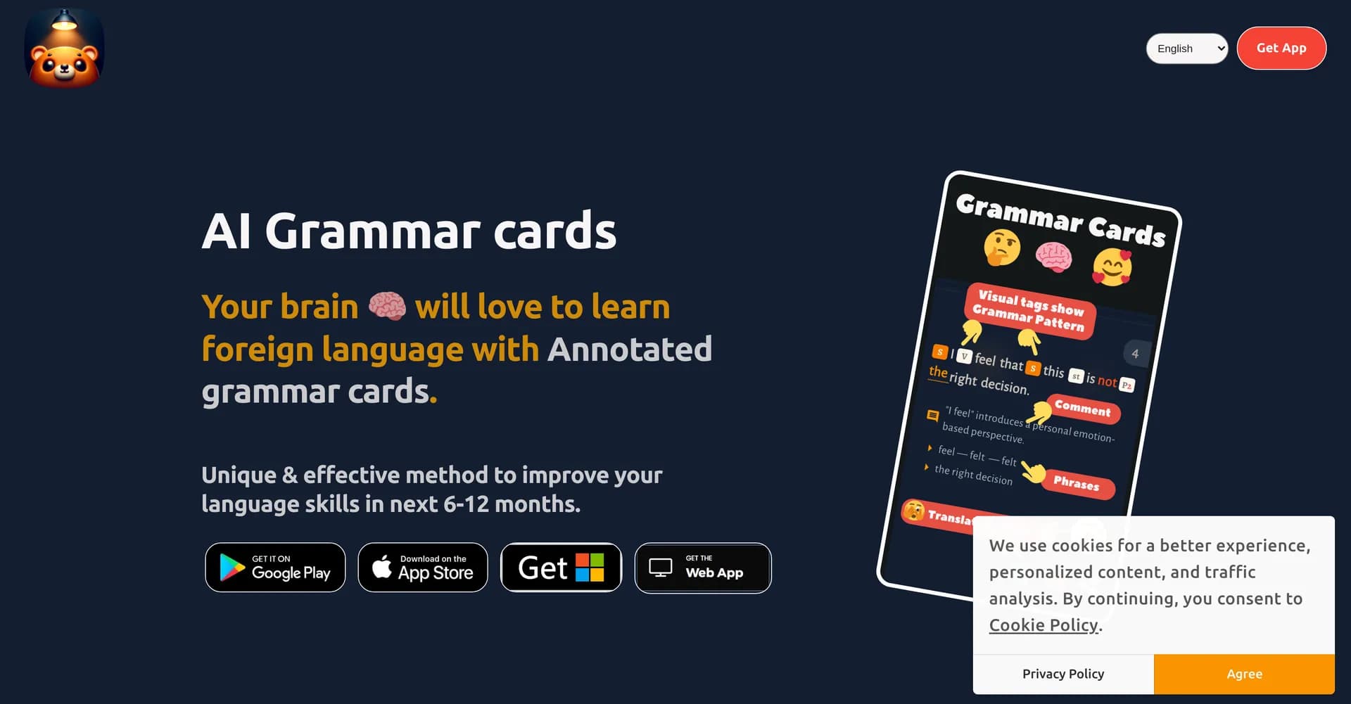 Metkagram homepage screenshot — Boost language skills with AI grammar cards