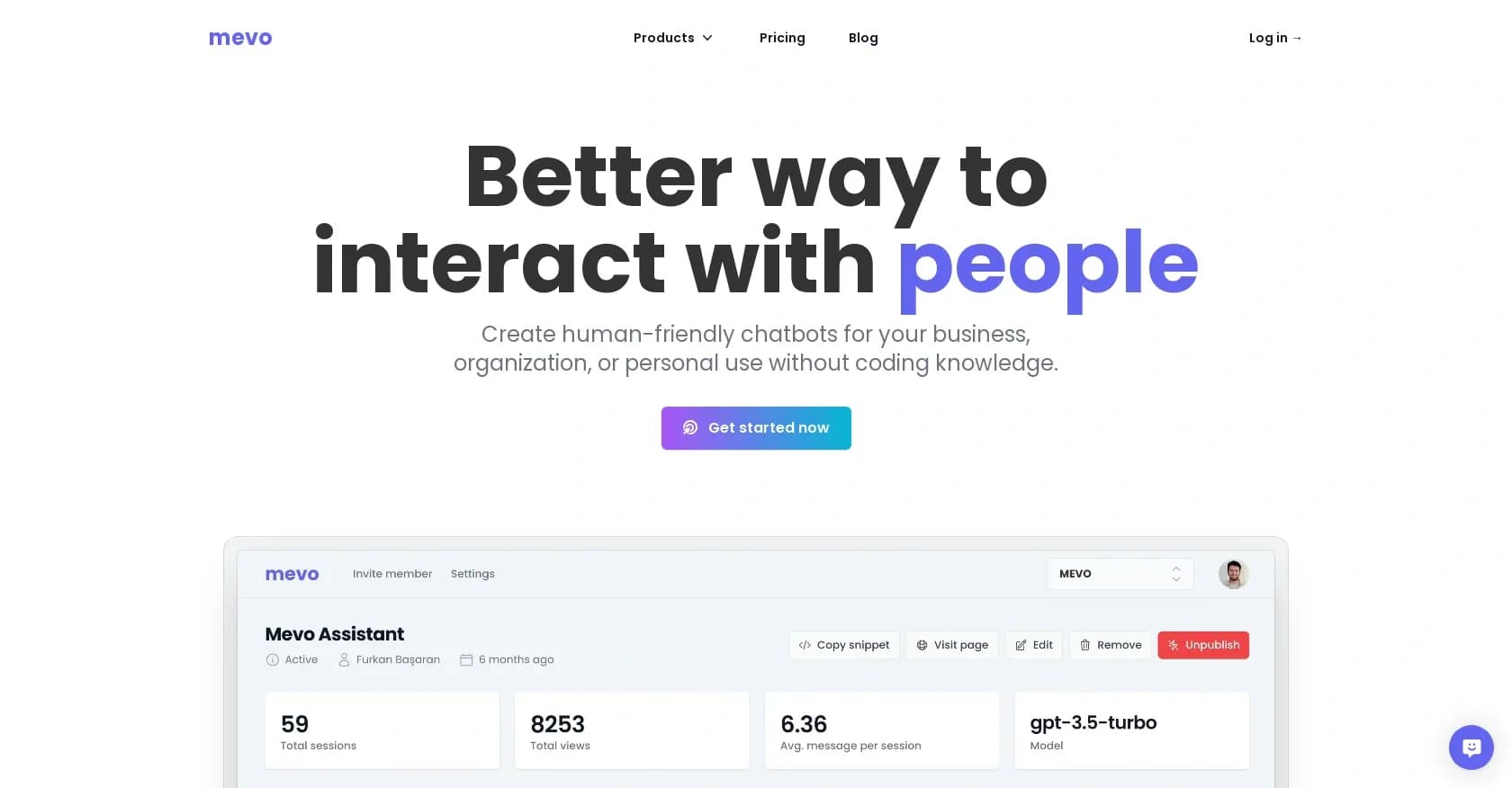 Mevo homepage screenshot — Create chatbots without coding in seconds