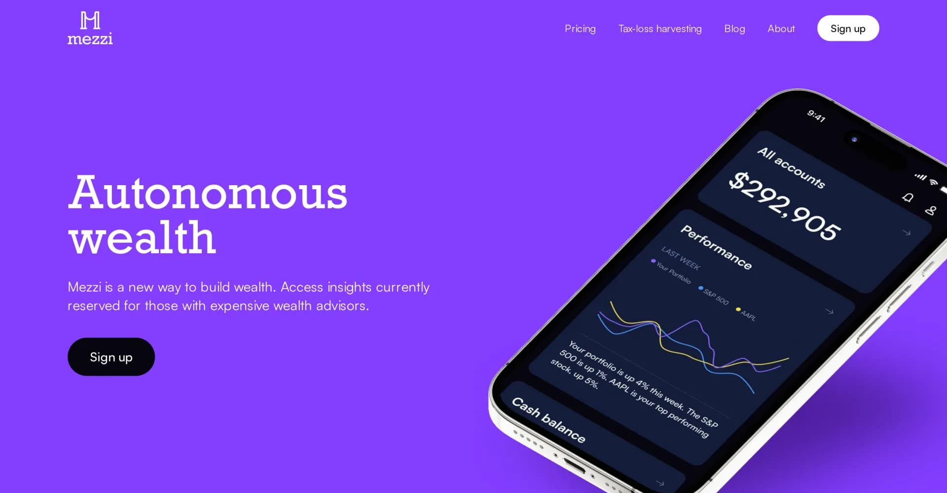 Mezzi homepage screenshot — Autonomous wealth-building without expensive advisors.