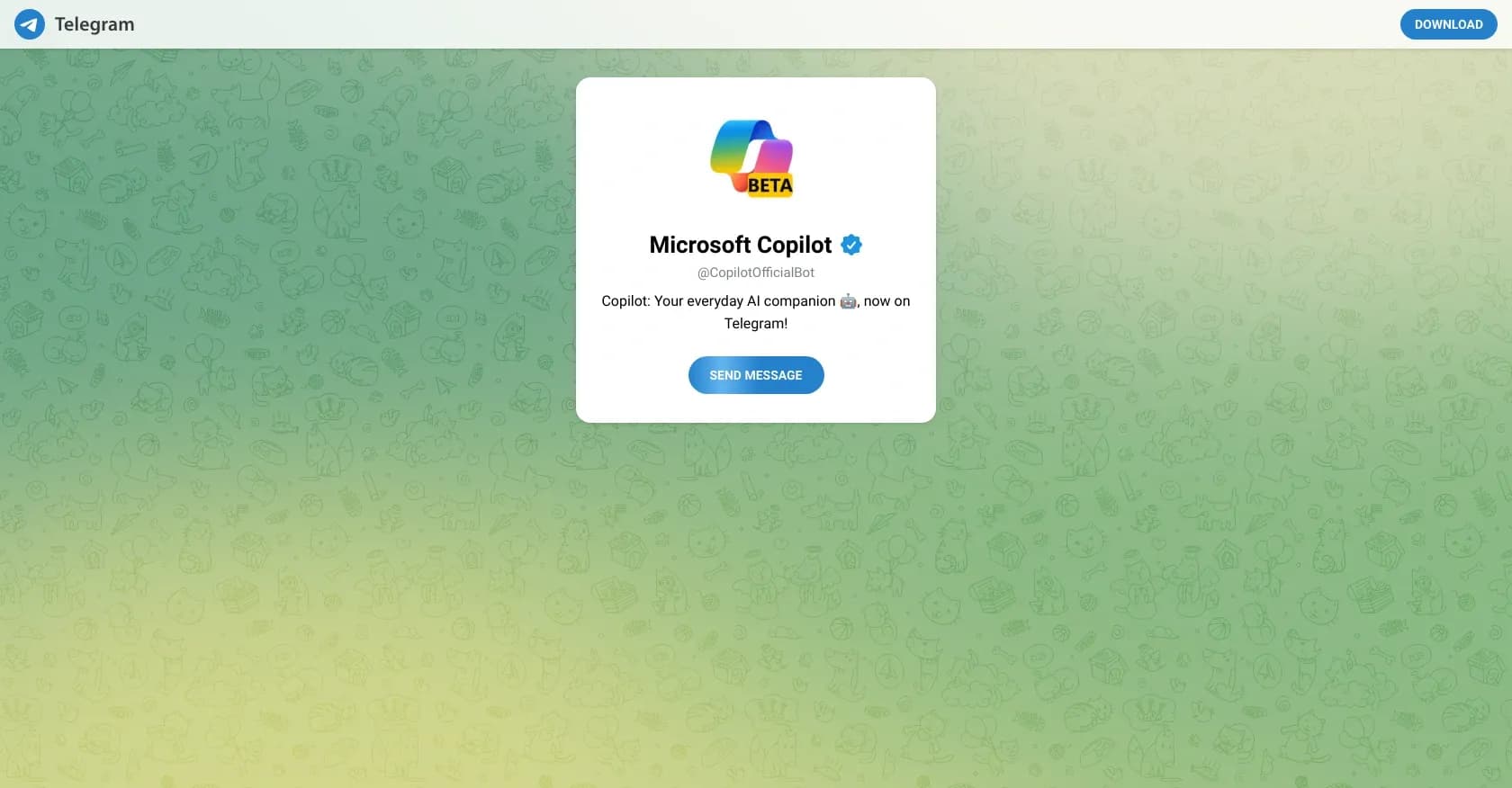 Microsoft Copilot on Telegram homepage screenshot — Your everyday AI companion, now on Telegram
