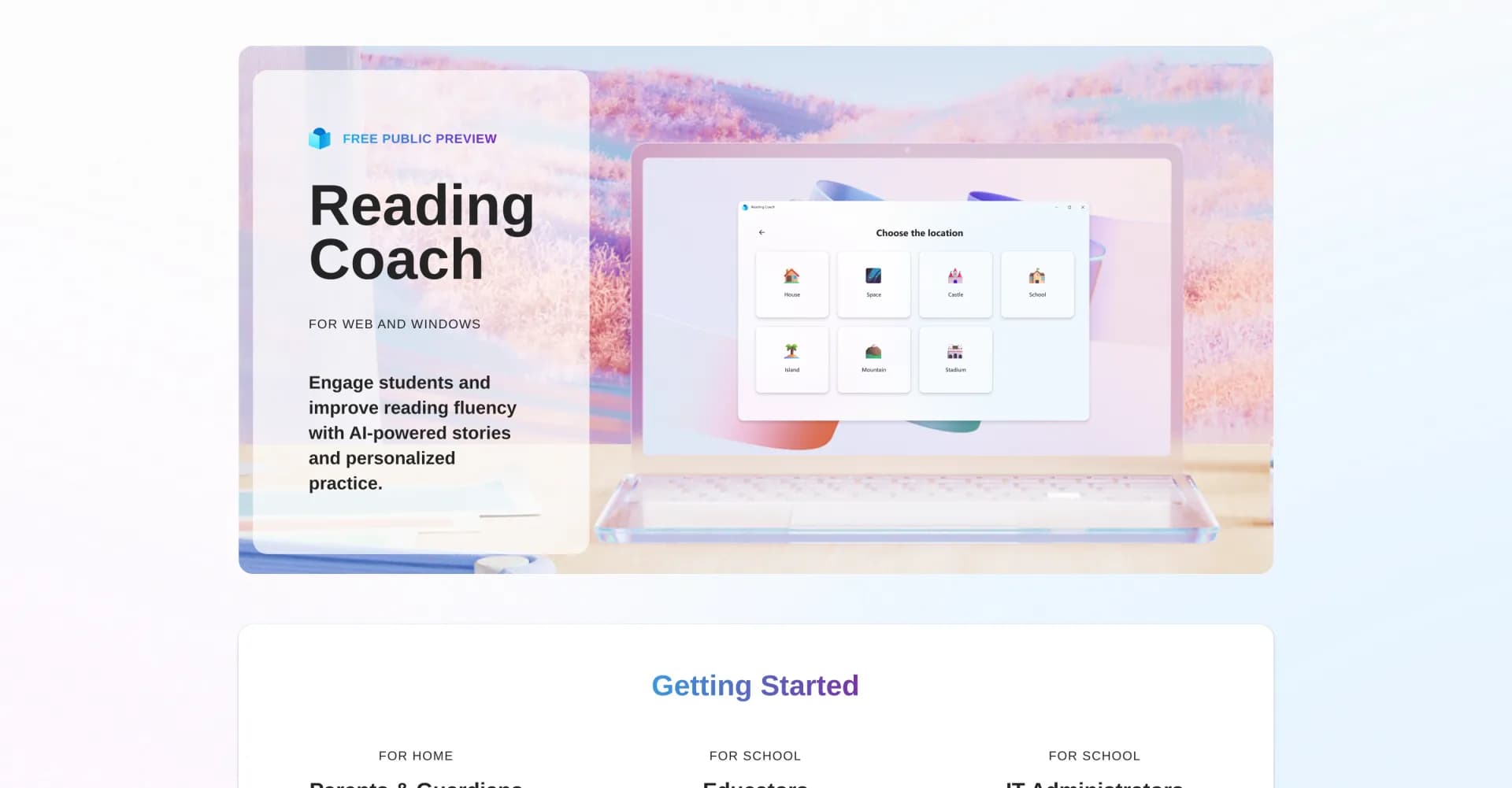 Microsoft Reading Coach homepage screenshot — Improve reading fluency with AI-powered stories and practice