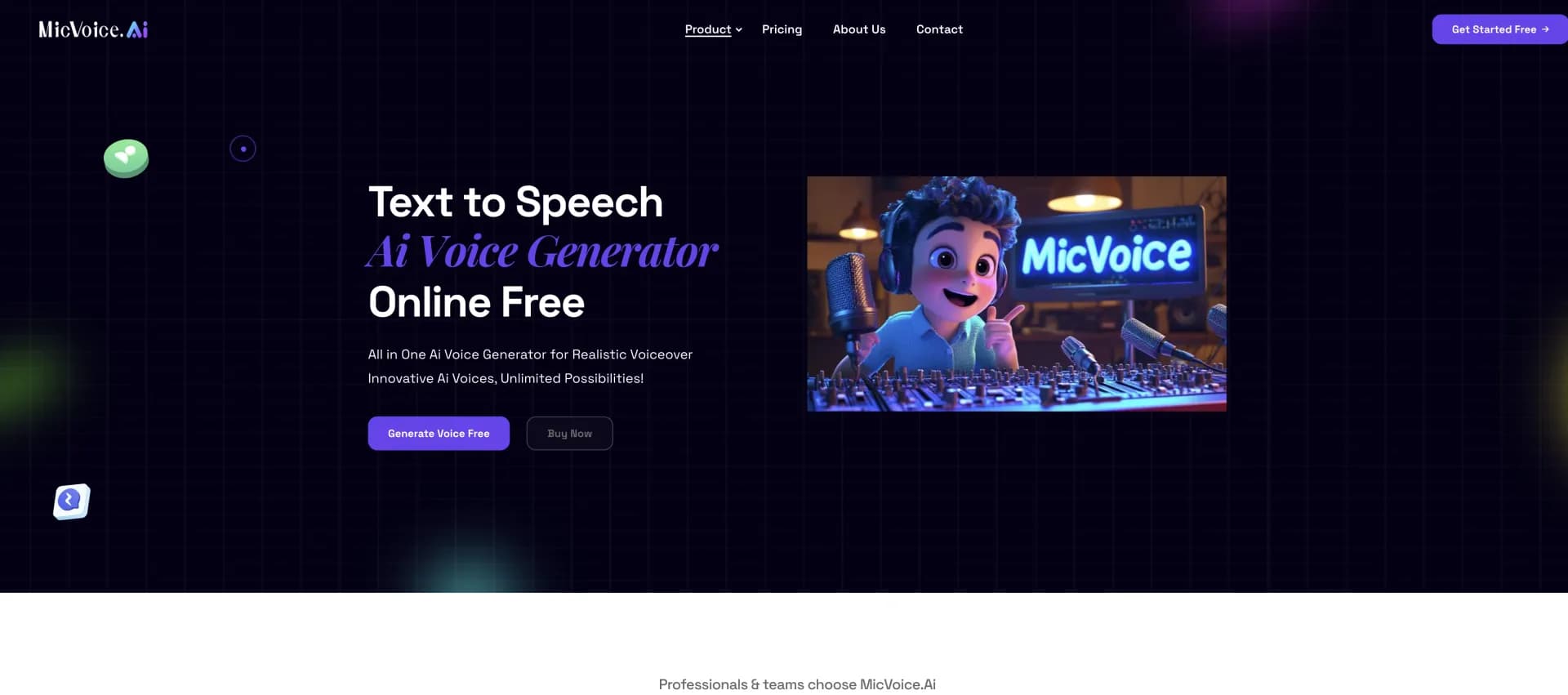 MicVoice.AI homepage screenshot — Transform text to lifelike speech instantly.