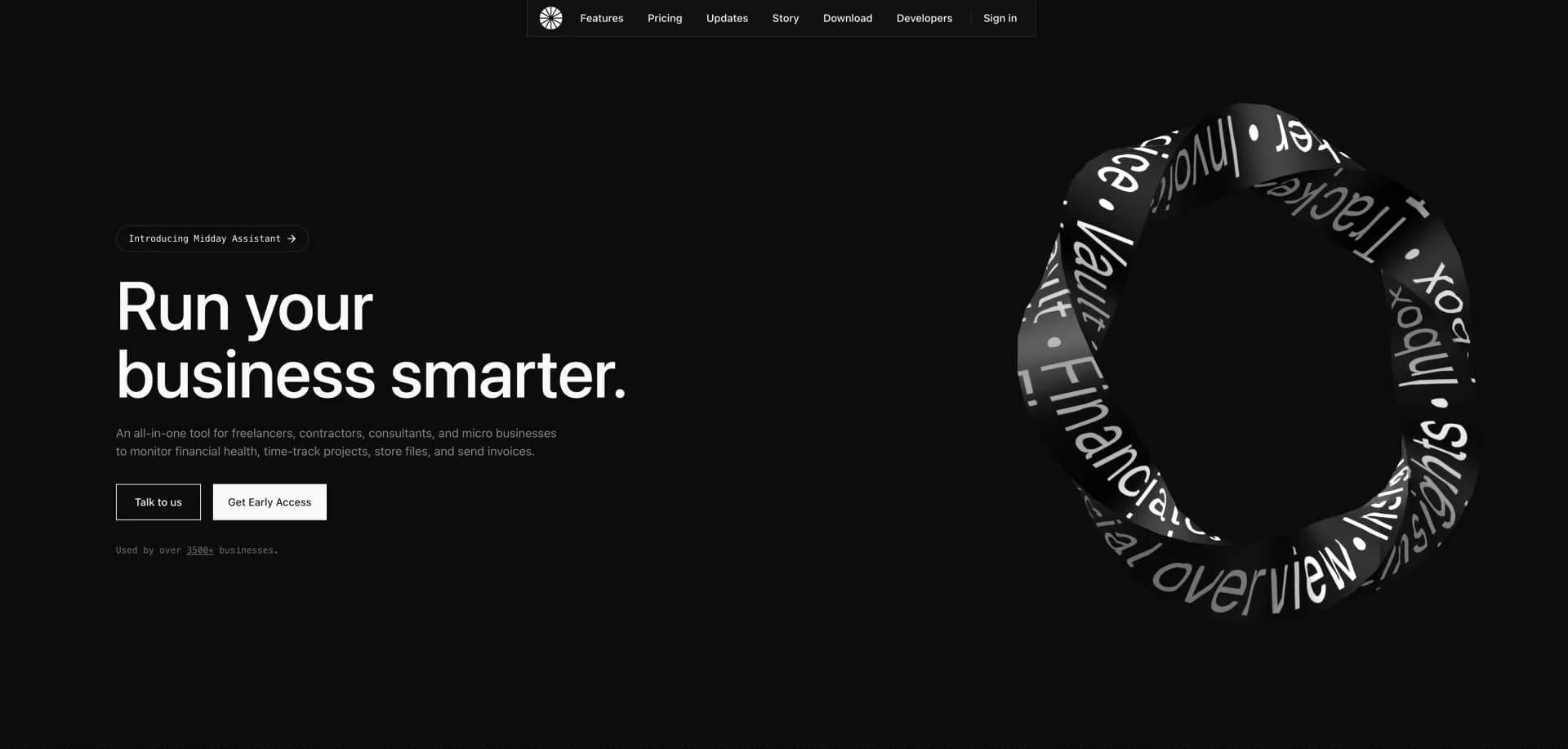 Midday homepage screenshot — Run your business smarter with AI automation.