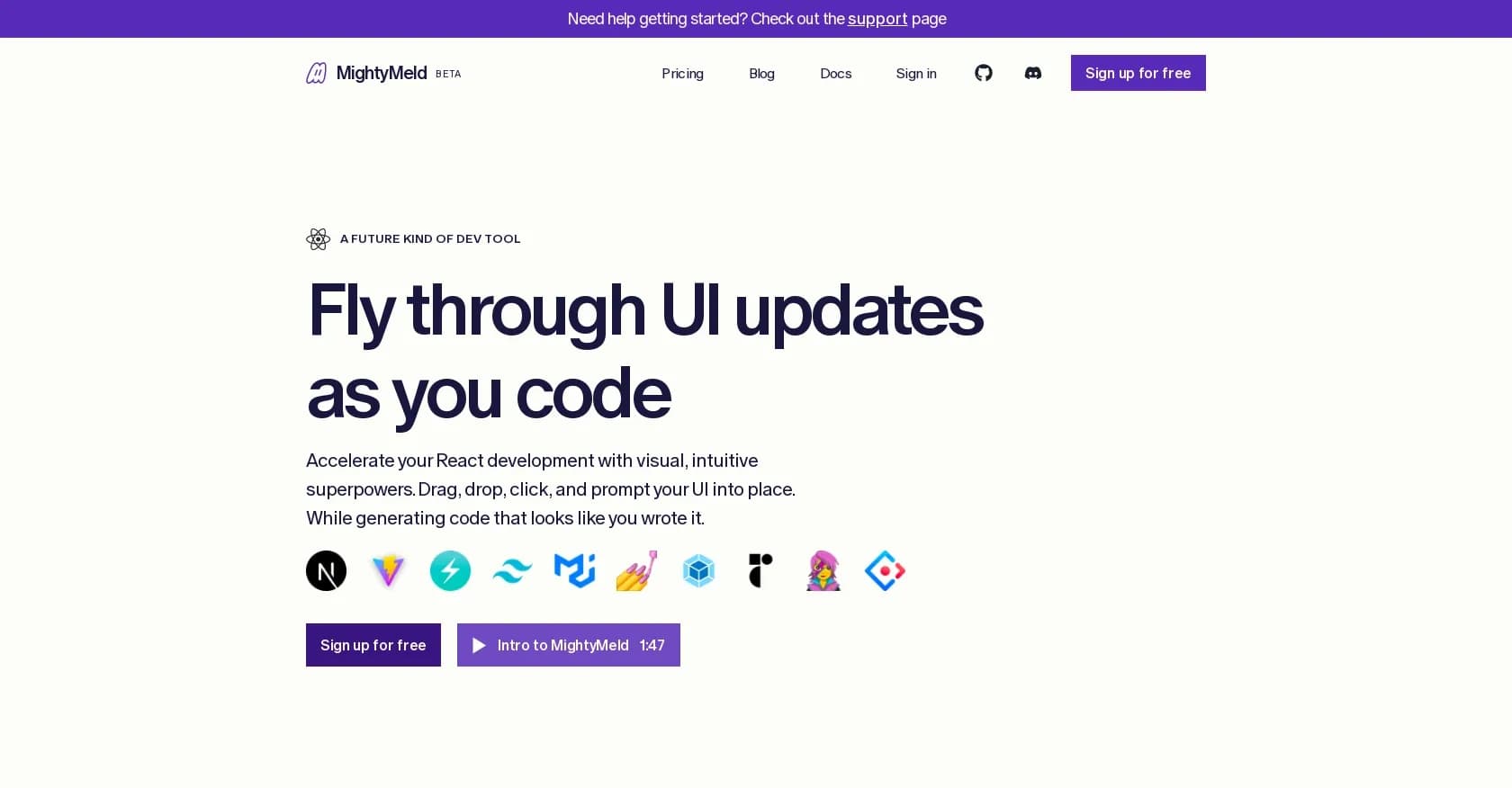 MightyMeld homepage screenshot — Accelerate React UI development visually