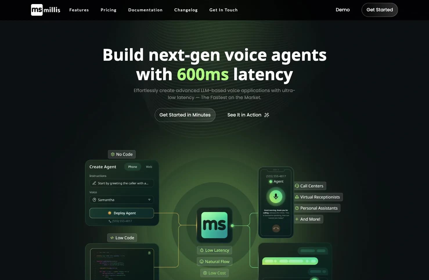 Millis AI homepage screenshot — Develop Advanced LLM-Based Voice Agents with Ultra-Fast 600m