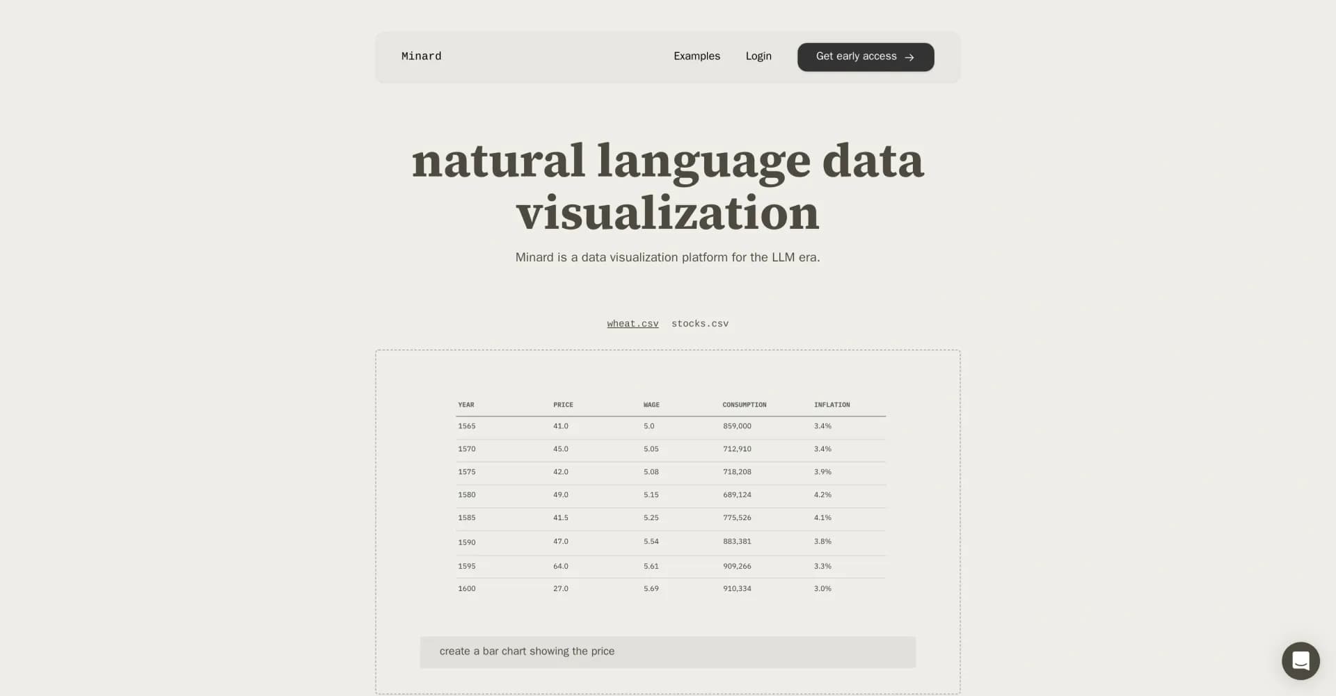 Minard homepage screenshot — Visualize data using natural language.