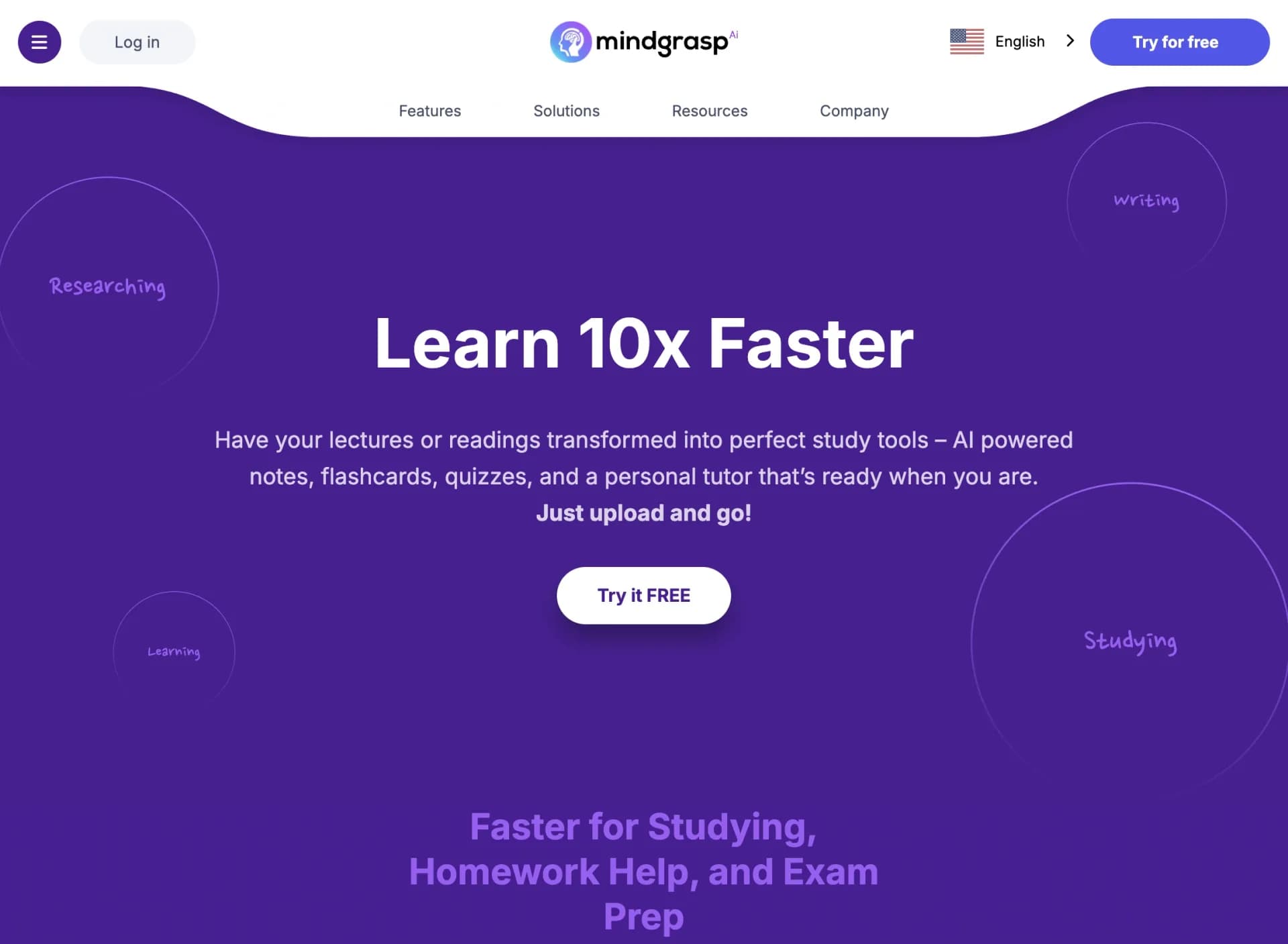 Mindgrasp homepage screenshot — Convert lectures, notes, and videos into AI-powered study to