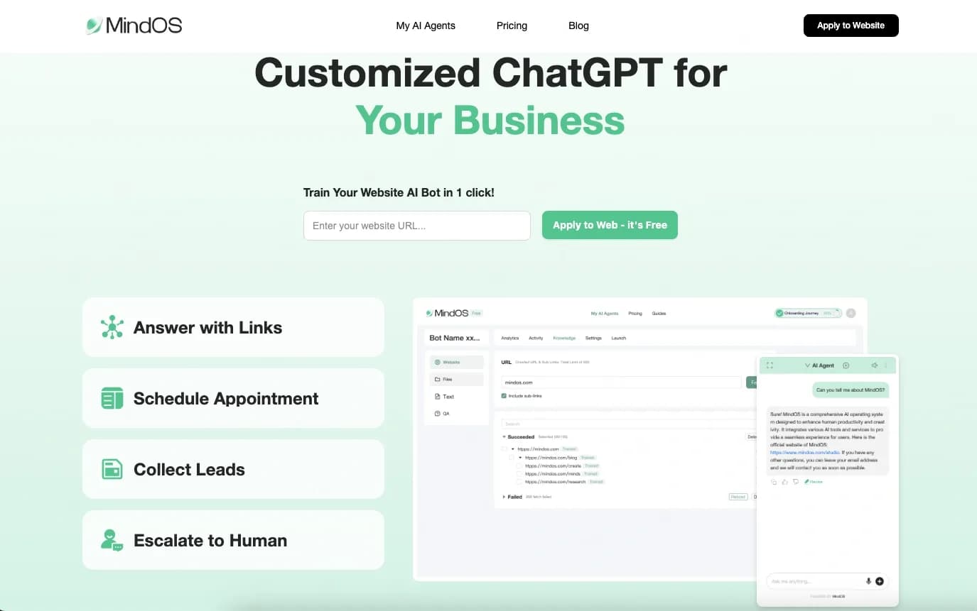 MindOS homepage screenshot — Customized ChatGPT for Your Business