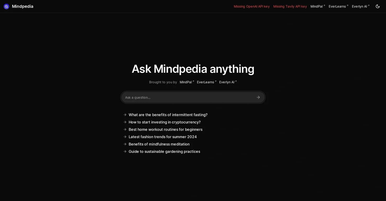 Mindpedia homepage screenshot — Free AI-powered answer engine for instant insights