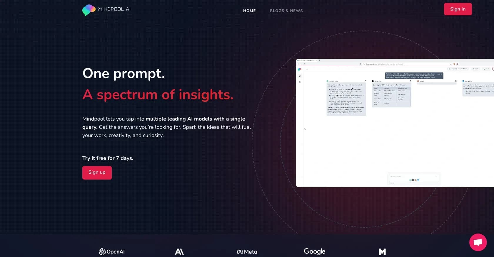MindpoolAI homepage screenshot — Tap into multiple AI models with one prompt.