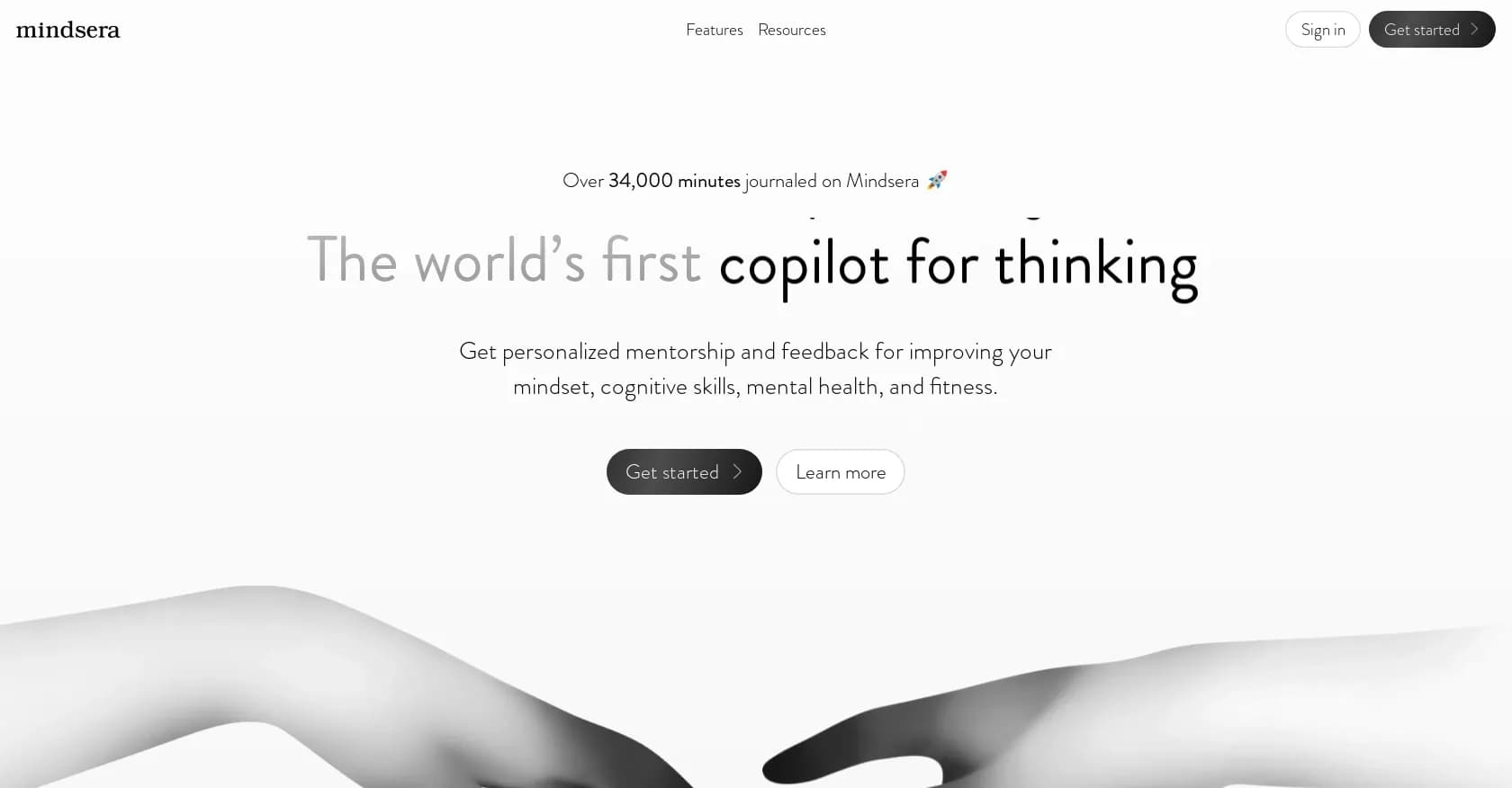 Mindsera homepage screenshot — AI-powered journaling for personal growth and mindset master