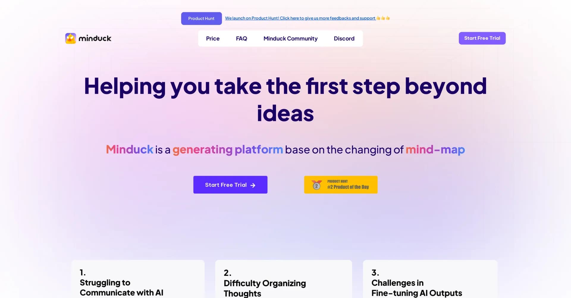 Minduck homepage screenshot — Transform mind maps into creative content.