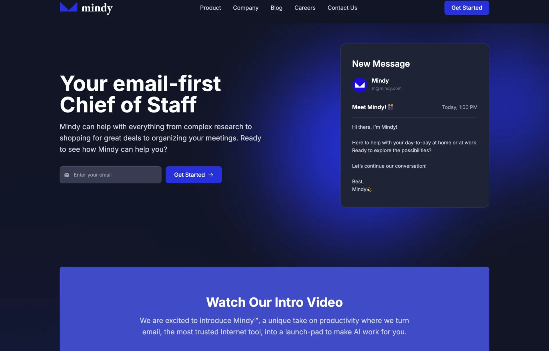 Mindy homepage screenshot — Your email-first Chief-of-Staff powered by AI