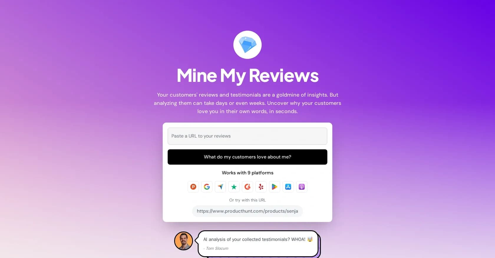 Mine My Reviews homepage screenshot — Uncover customer insights from reviews in seconds
