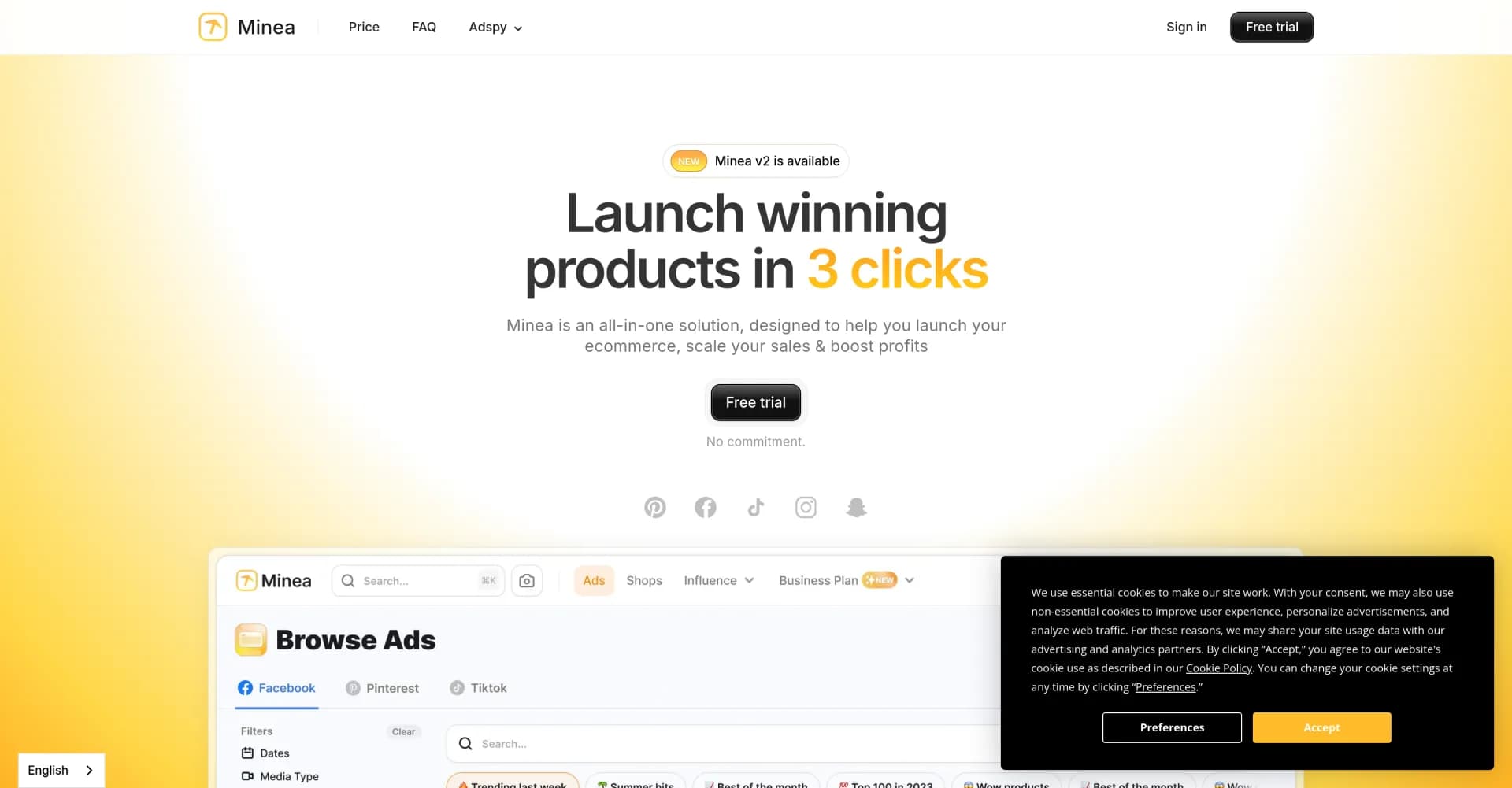 Minea homepage screenshot — Launch winning e-commerce products in 3 clicks