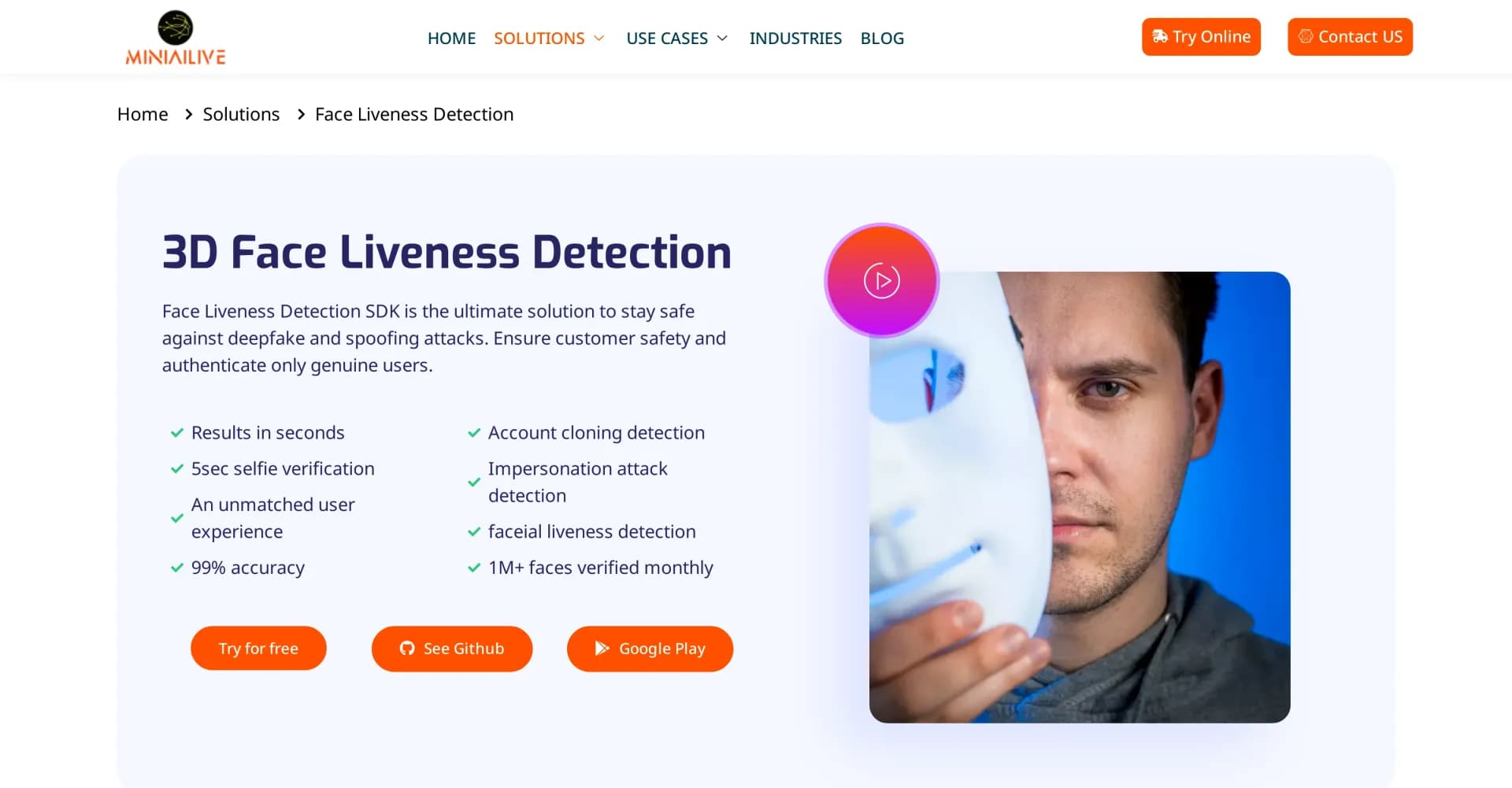 MiniAiLive - Face Liveness Detection homepage screenshot — Top Ranked Face Recognition and Liveness Detection
