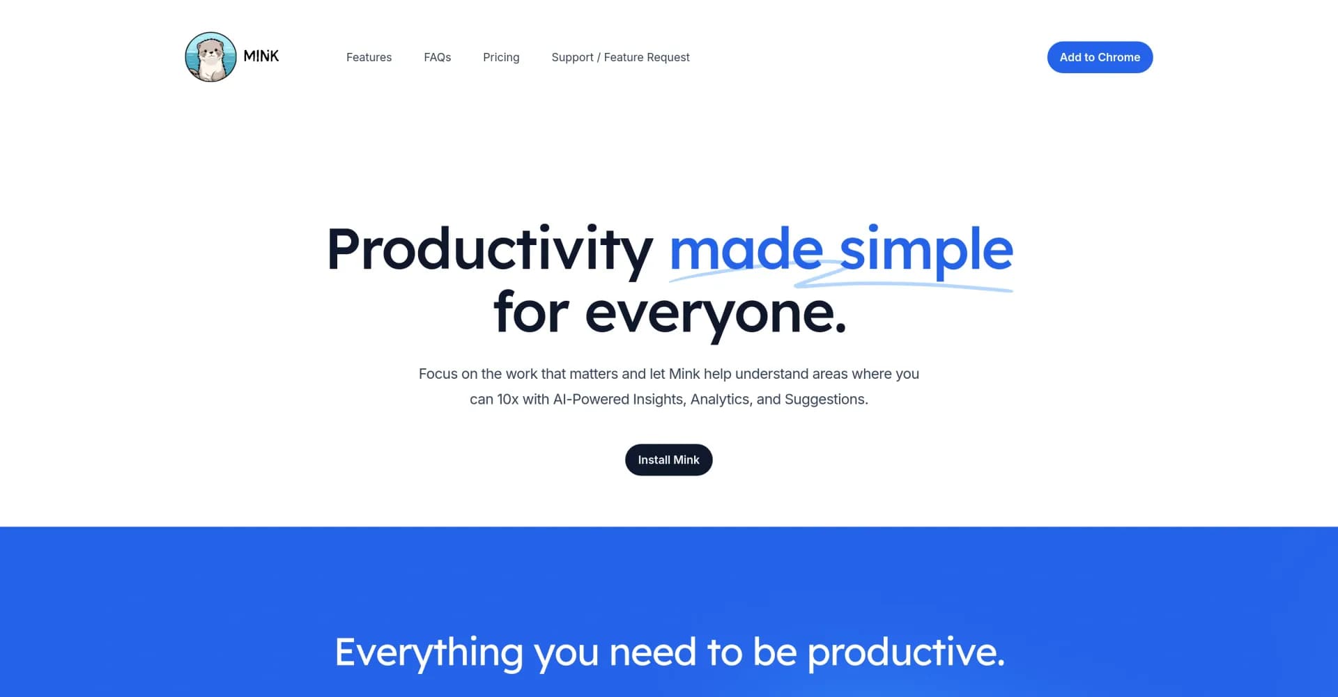 Mink homepage screenshot — AI-powered browser co-pilot for 10x productivity