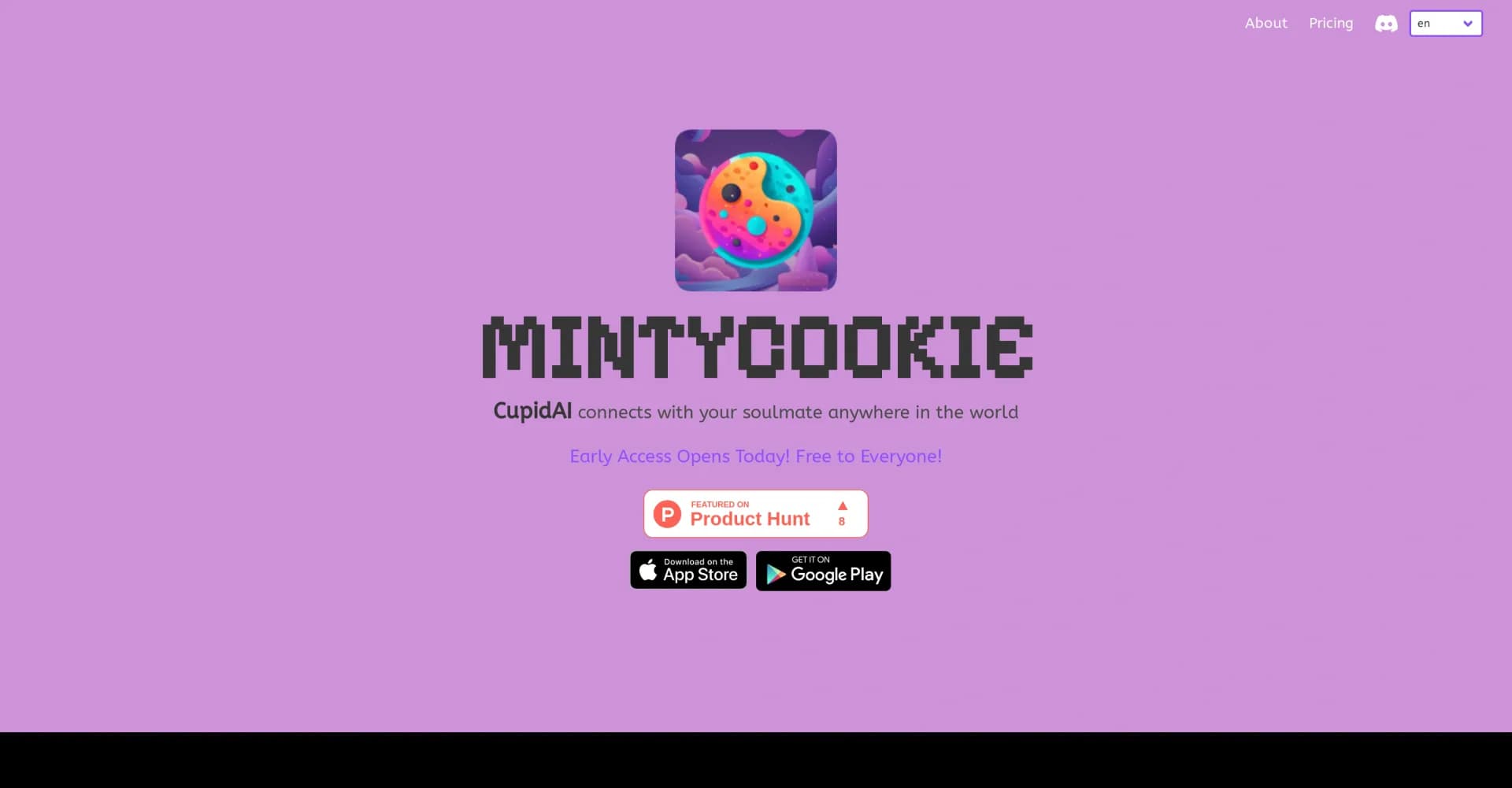 MintyCookie homepage screenshot — AI-powered soulmate search across the globe