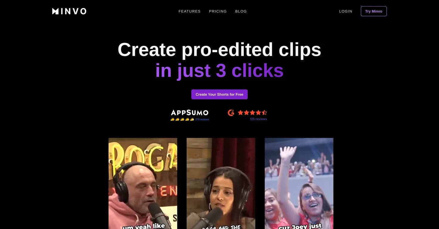 Minvo homepage screenshot — Create viral video shorts in 3 clicks