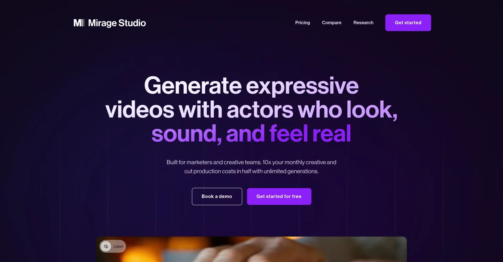 Mirage Studio homepage screenshot — Generate videos with lifelike digital actors