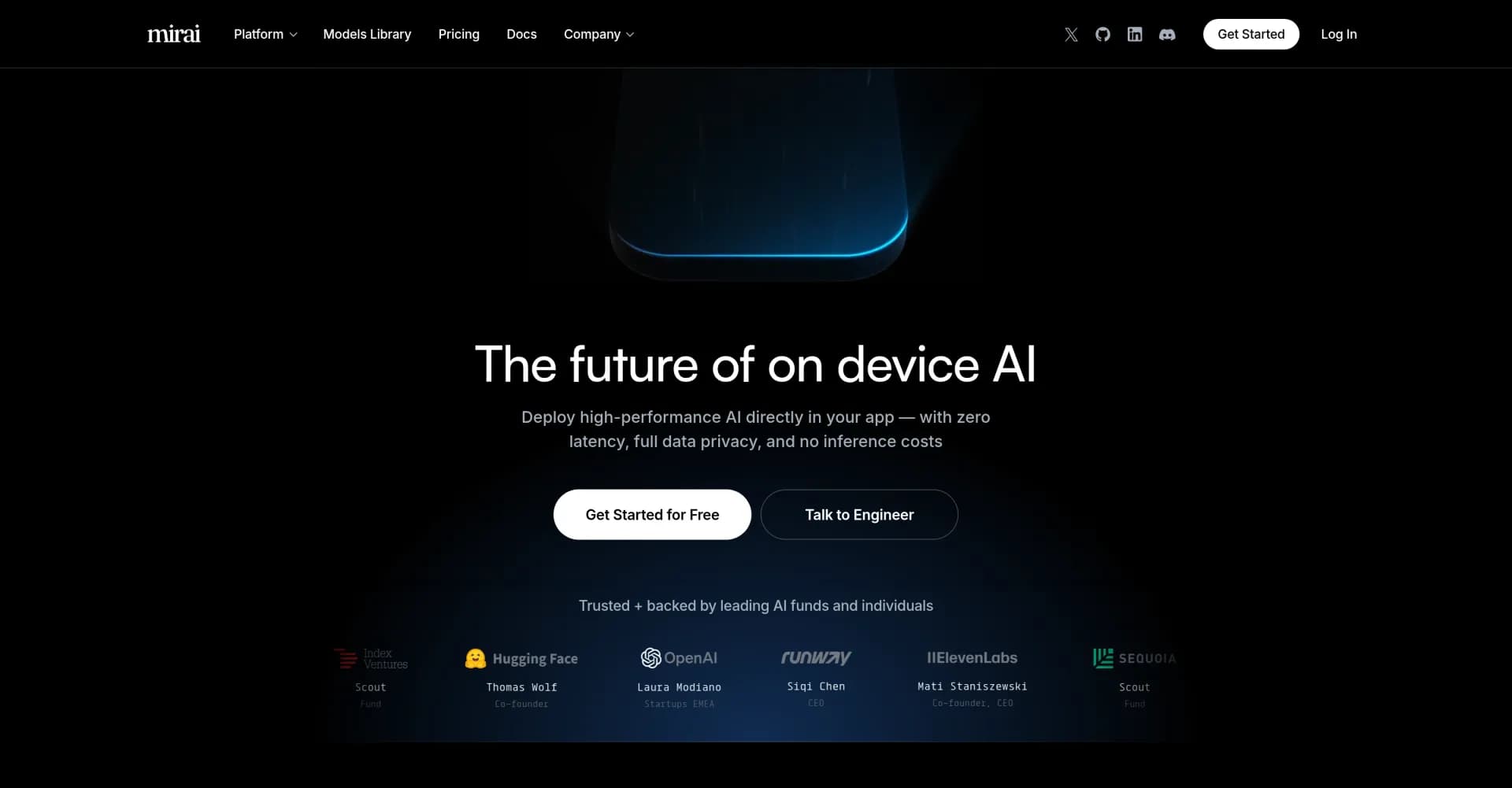 Mirai homepage screenshot — Deploy high-performance AI directly in your app.