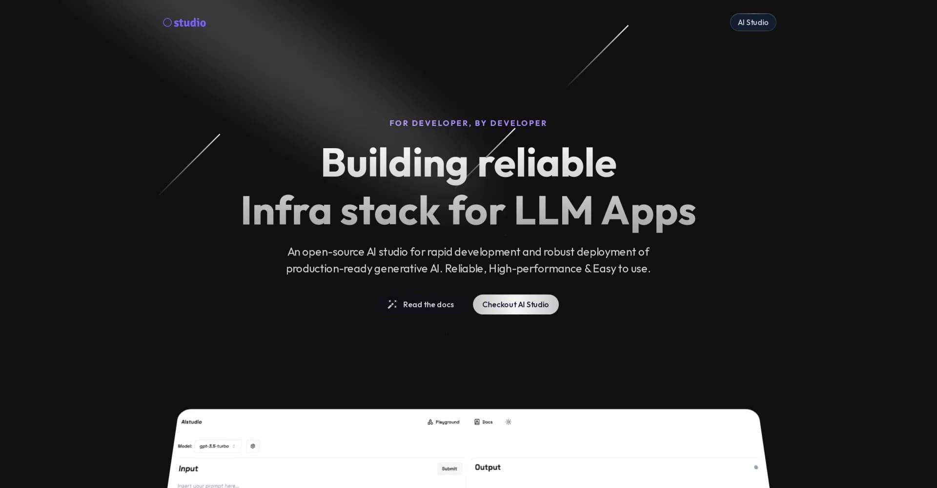 Missing Studio homepage screenshot — Build reliable, high-performance LLM apps rapidly.