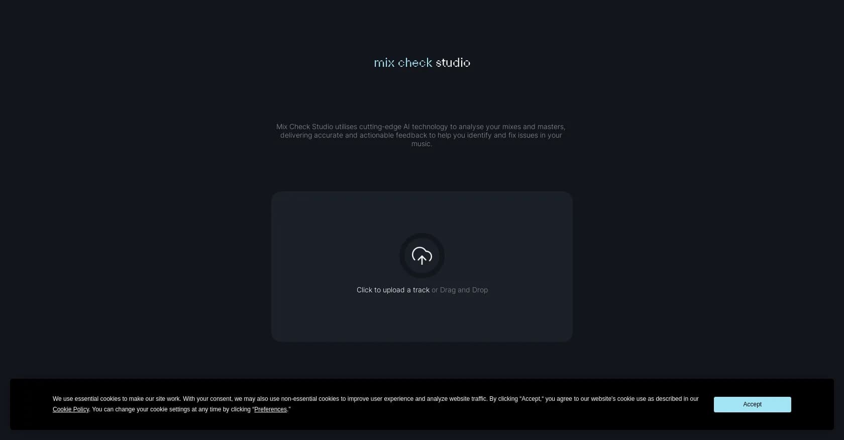Mix Check Studio homepage screenshot — AI-driven insights to perfect your music mixes.