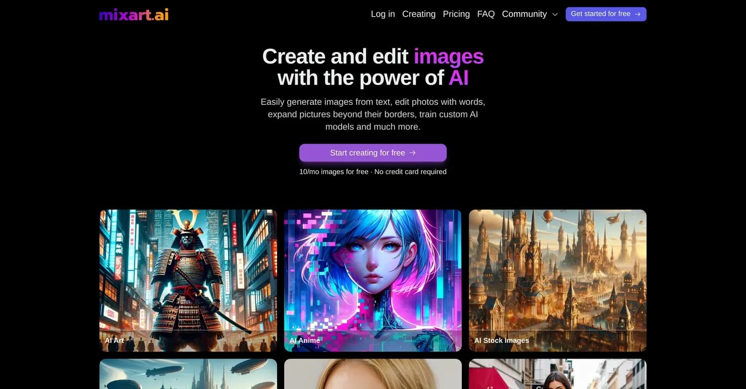 Mixart homepage screenshot — Create and edit images with AI power.
