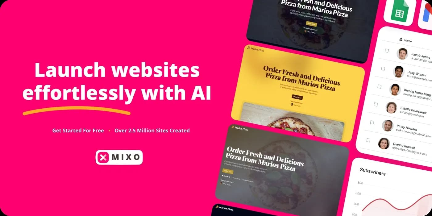 Mixov2.3 homepage screenshot — Launch a website in seconds with AI.