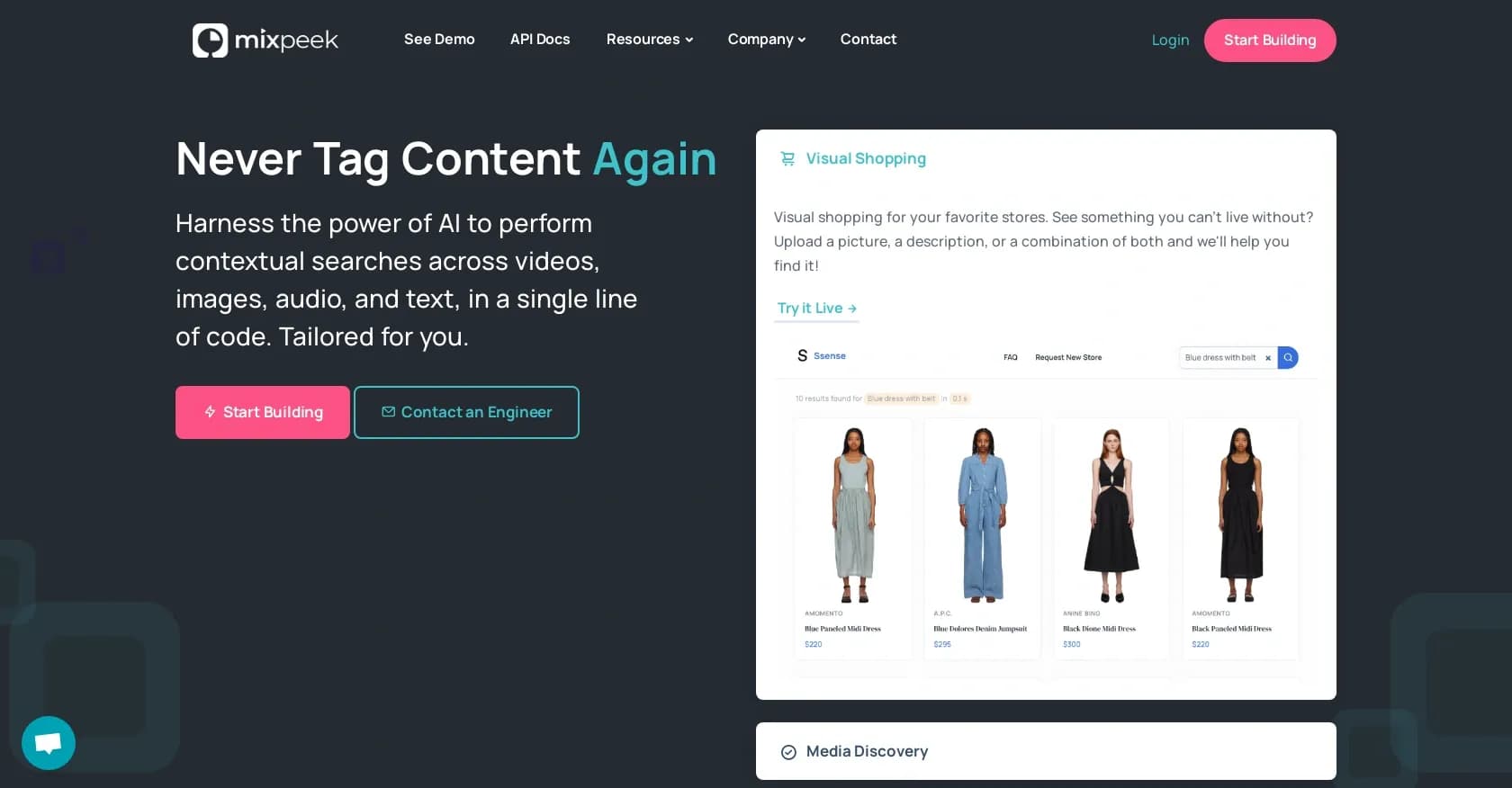 Mixpeek homepage screenshot — Build Google-like file search with a single API.