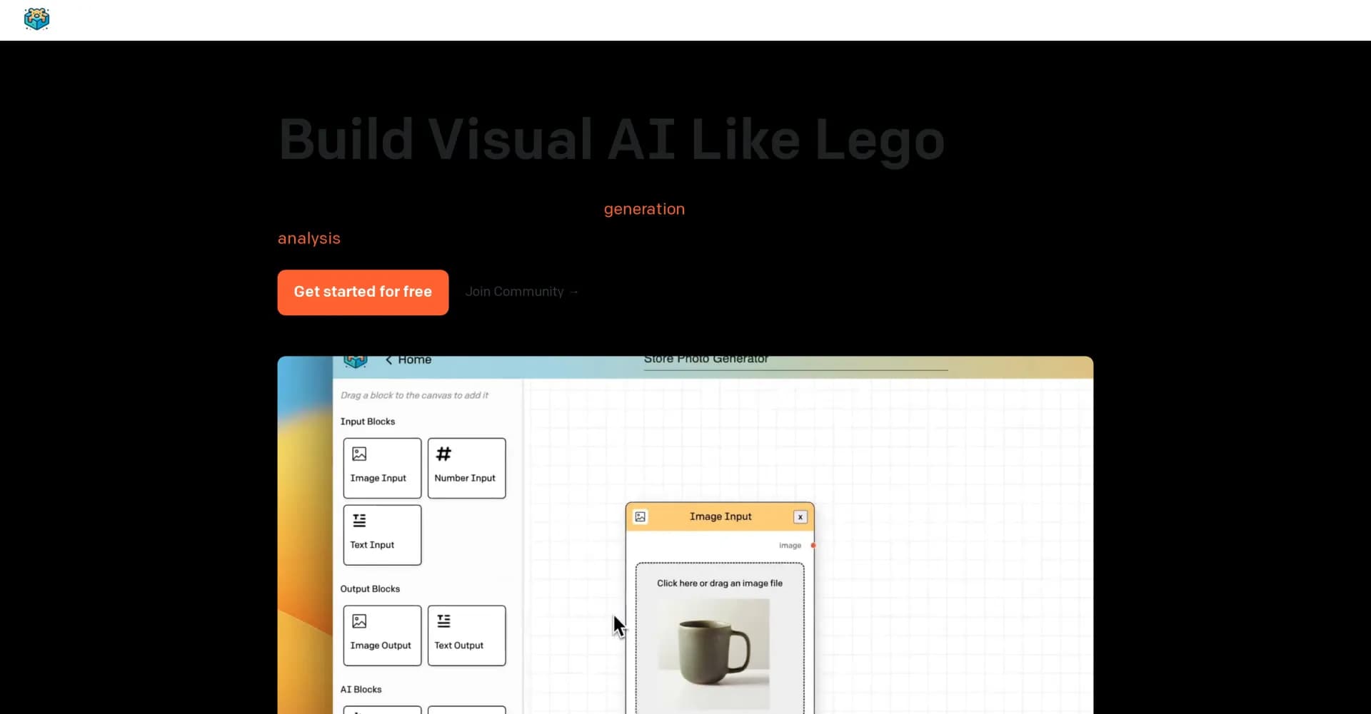 ML Blocks homepage screenshot — Build AI image workflows without code.