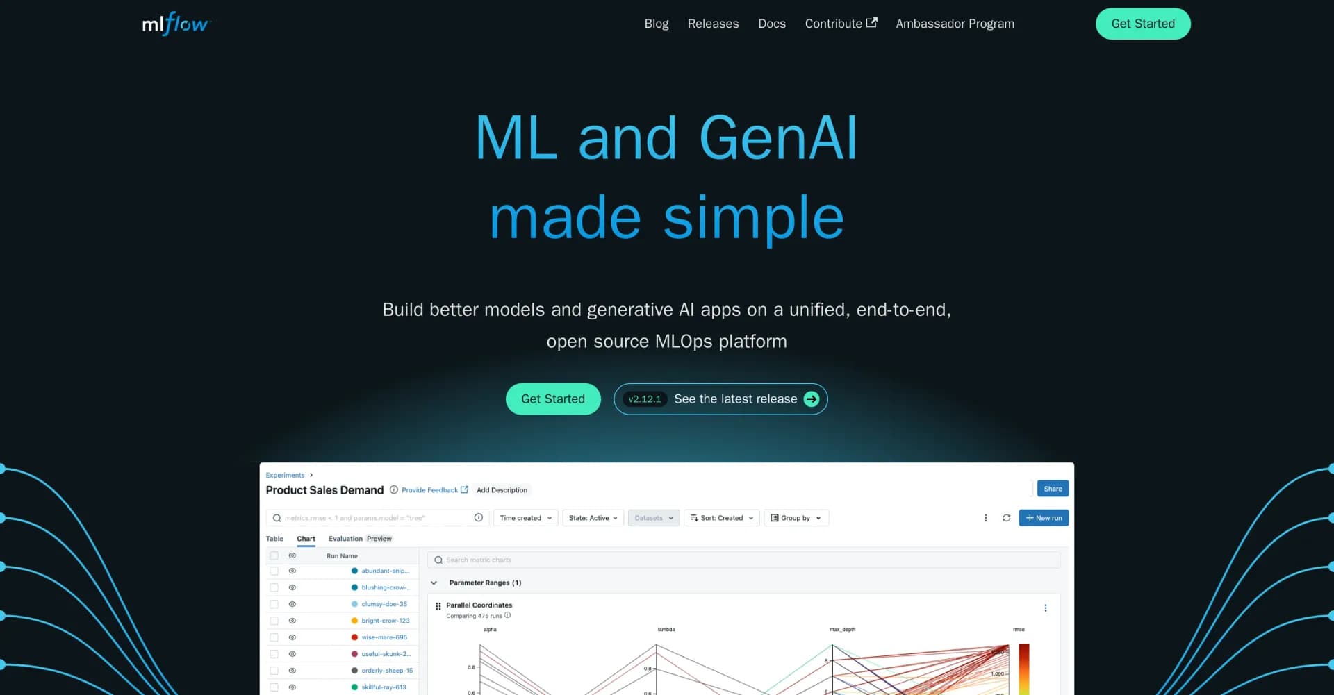 MLflow homepage screenshot — Build better AI models on a unified MLOps platform