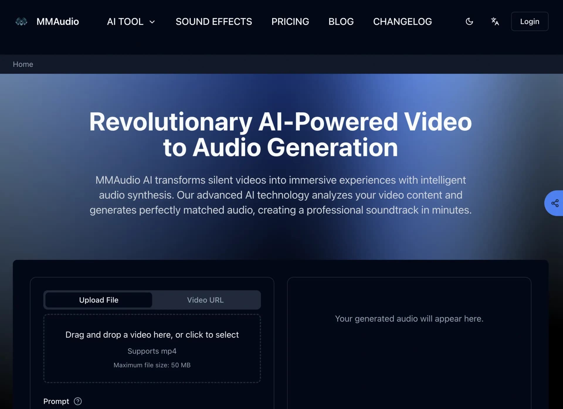 MMAudio homepage screenshot — Transform silent videos with AI-generated audio