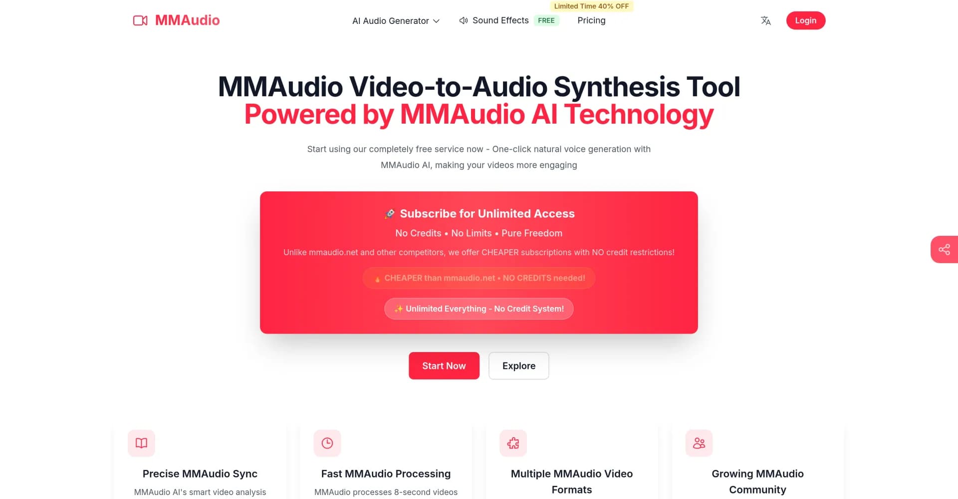 MMAudio Pro homepage screenshot — Transform videos with AI-powered audio synthesis.