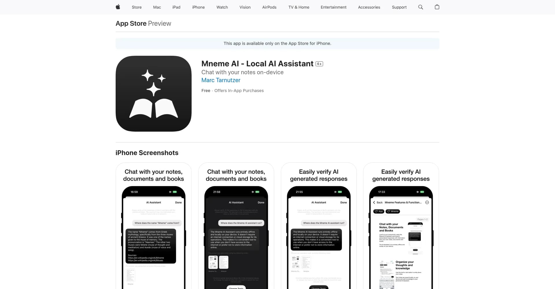 Mneme AI homepage screenshot — Chat with your notes and documents locally.