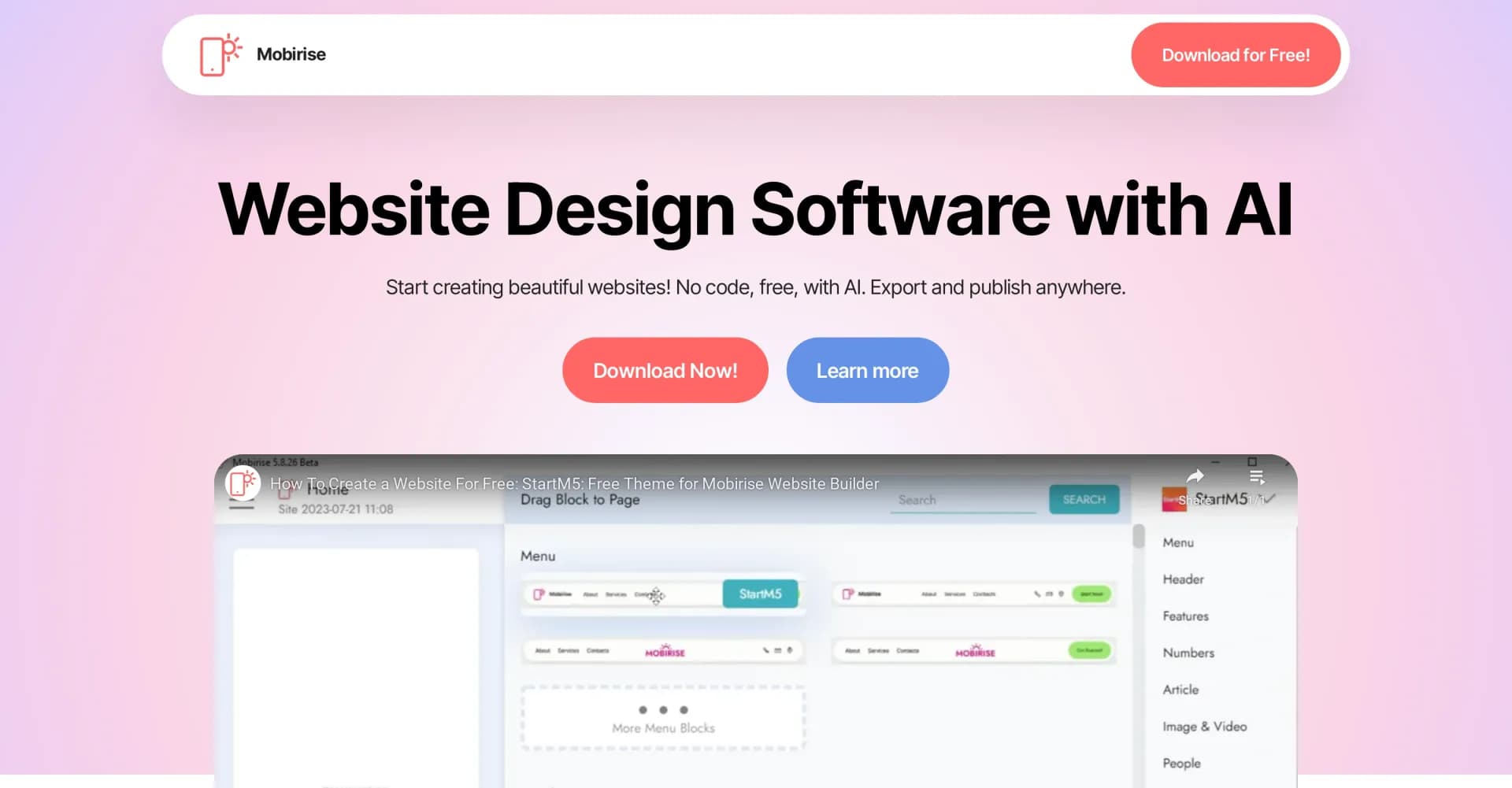 Mobirise homepage screenshot — Generate stunning websites with AI-powered design