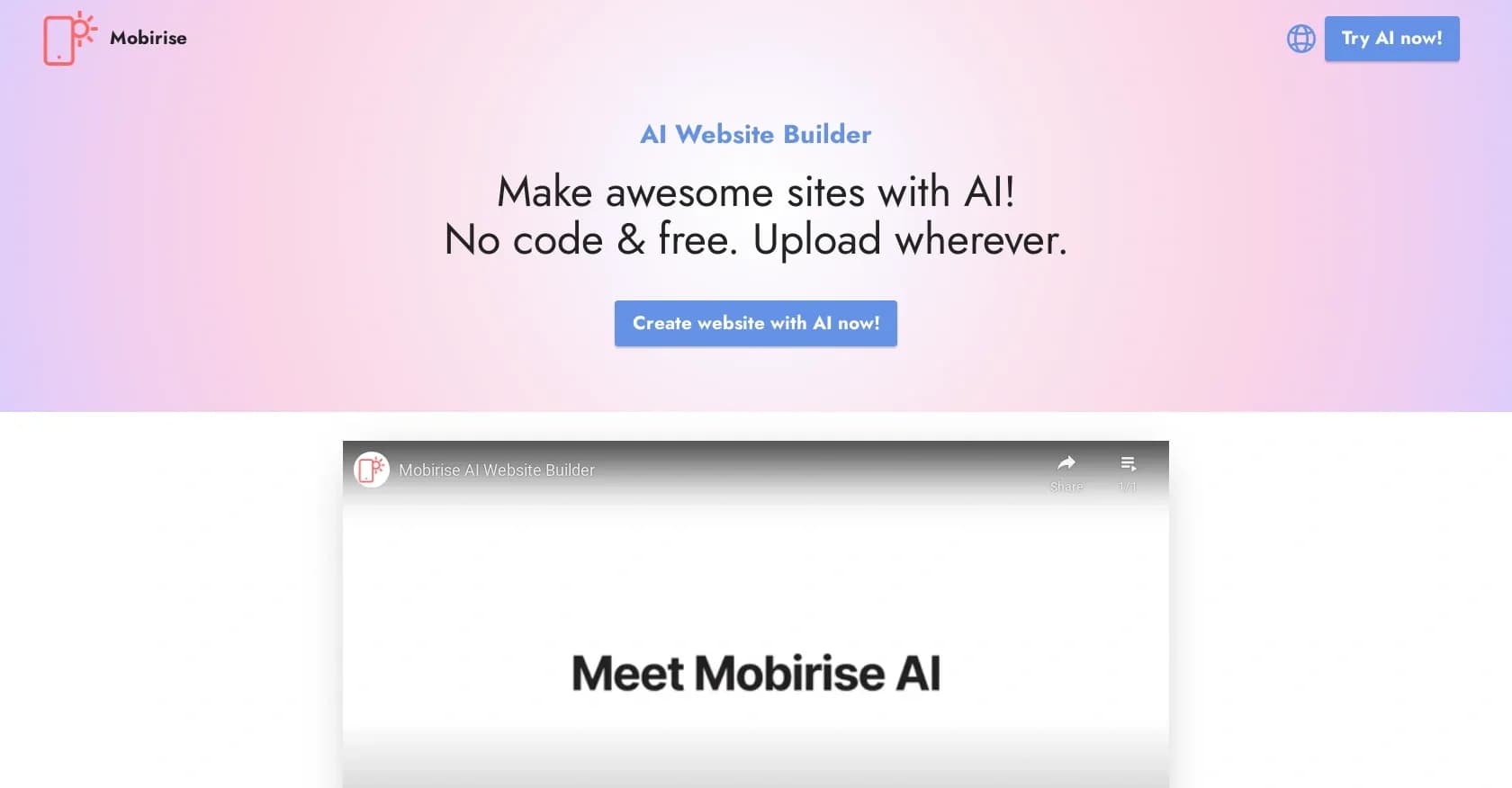 Mobirise homepage screenshot — Automates design generation for website creation.