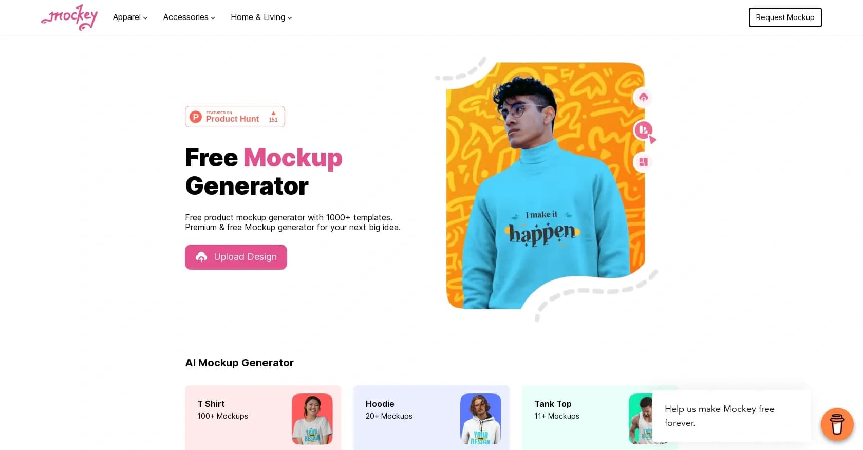 Mockey homepage screenshot — Create stunning product mockups instantly.