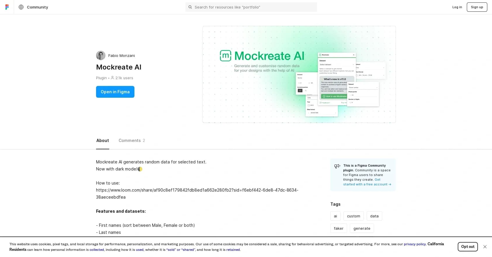 Mockreate homepage screenshot — Generate random data for selected text in Figma