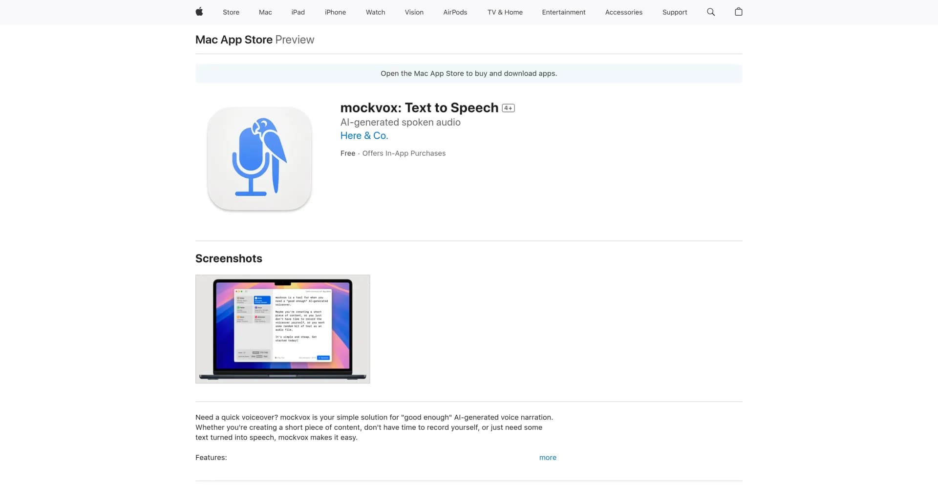 mockvox: Text to Speech homepage screenshot — Quick AI voiceovers for 'good enough' narration.