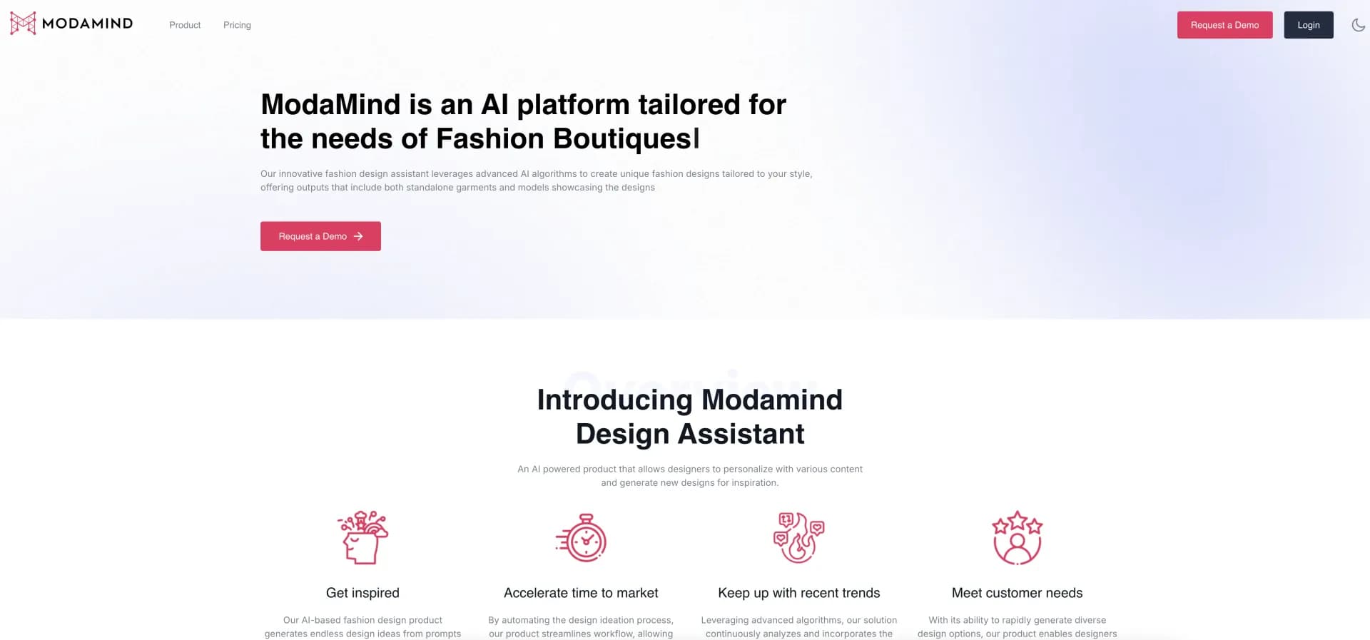 ModaMind homepage screenshot — AI-powered fashion design assistant for unique, tailored cre