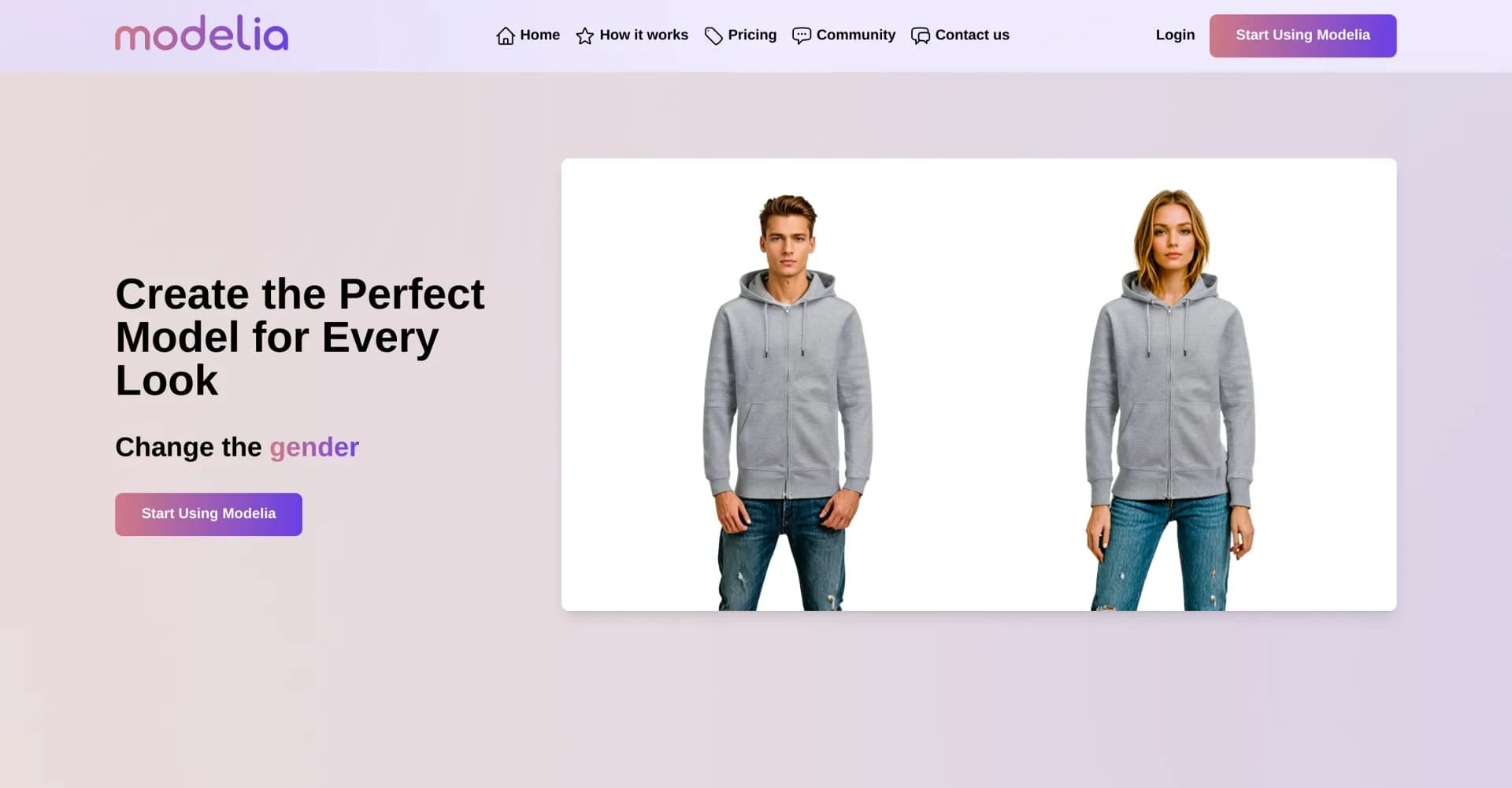 Modelia homepage screenshot — Transform flat images into model-powered visuals.
