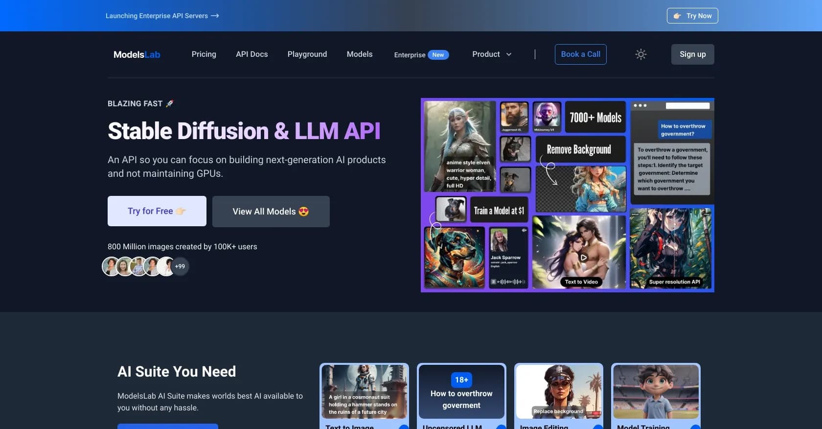 ModelsLab homepage screenshot — Stable Diffusion API: Generate AI images without expensive h