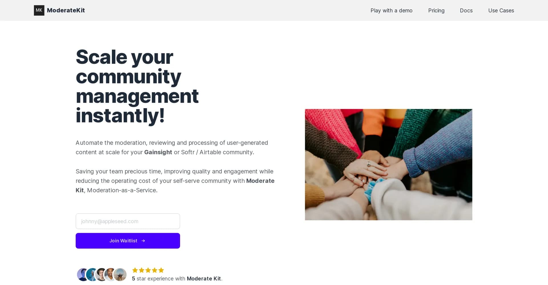 ModerateKit homepage screenshot — Scale community moderation instantly with AI.