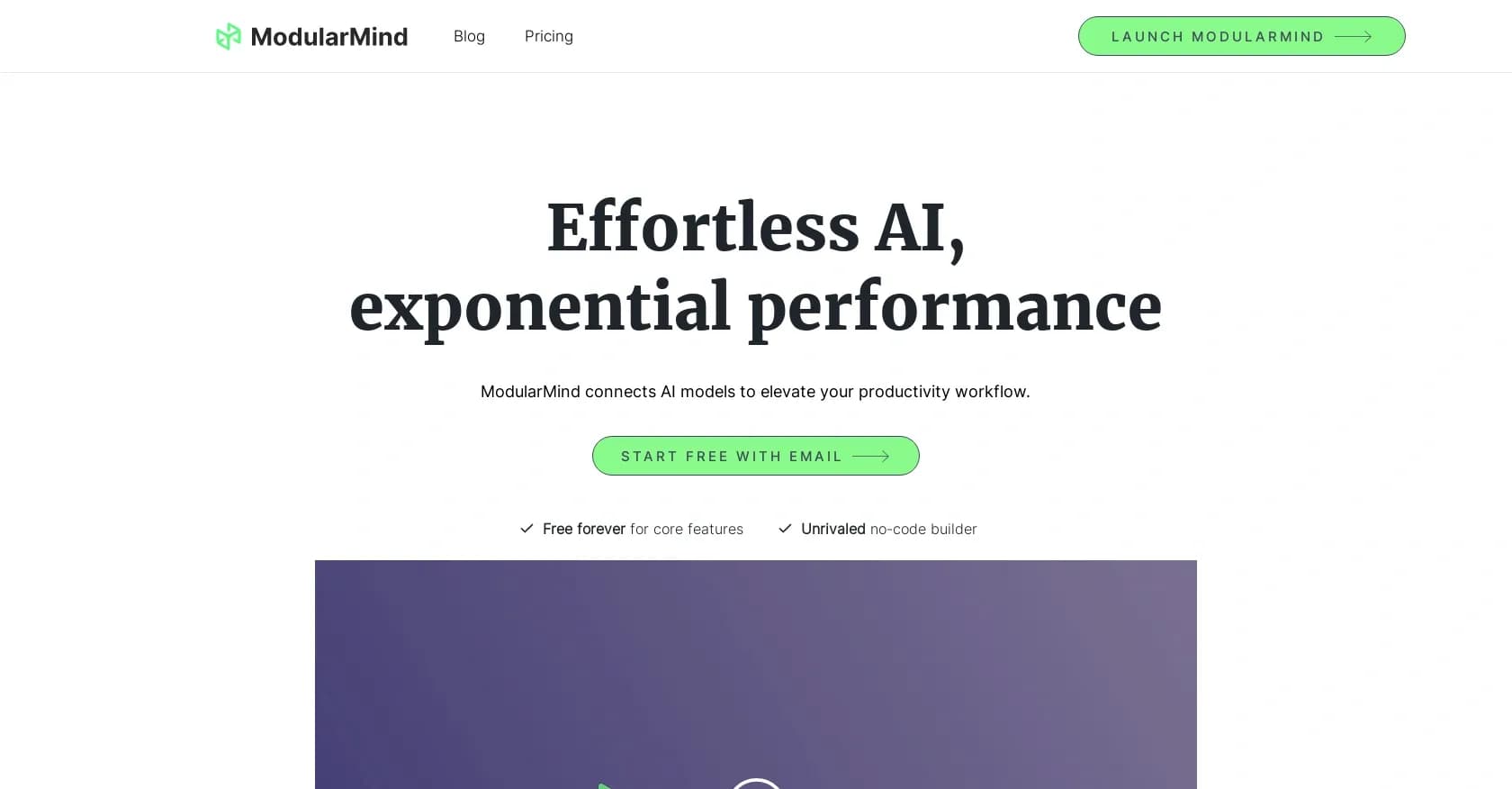 Modularmind homepage screenshot — No-code AI builder for exponential productivity