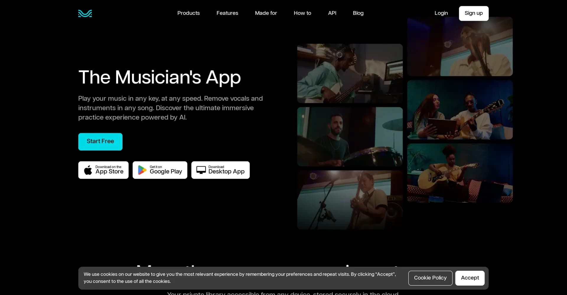 Moises App homepage screenshot — AI-powered music practice revolution