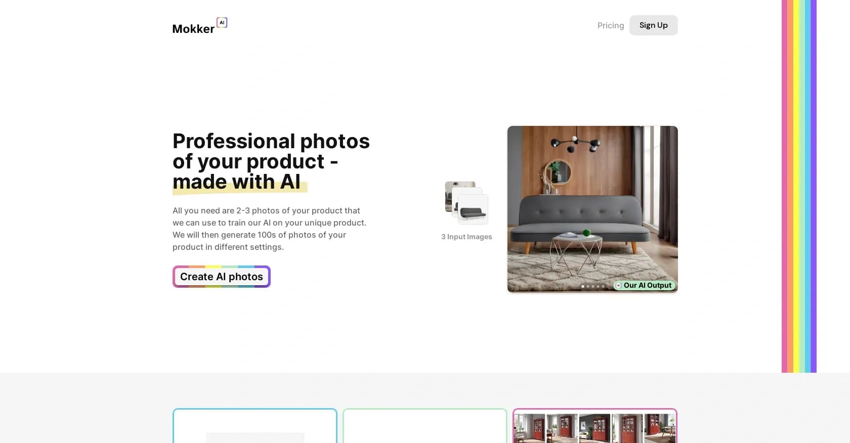Mokker homepage screenshot — Transform 3 product photos into 100s of AI-generated scenes.