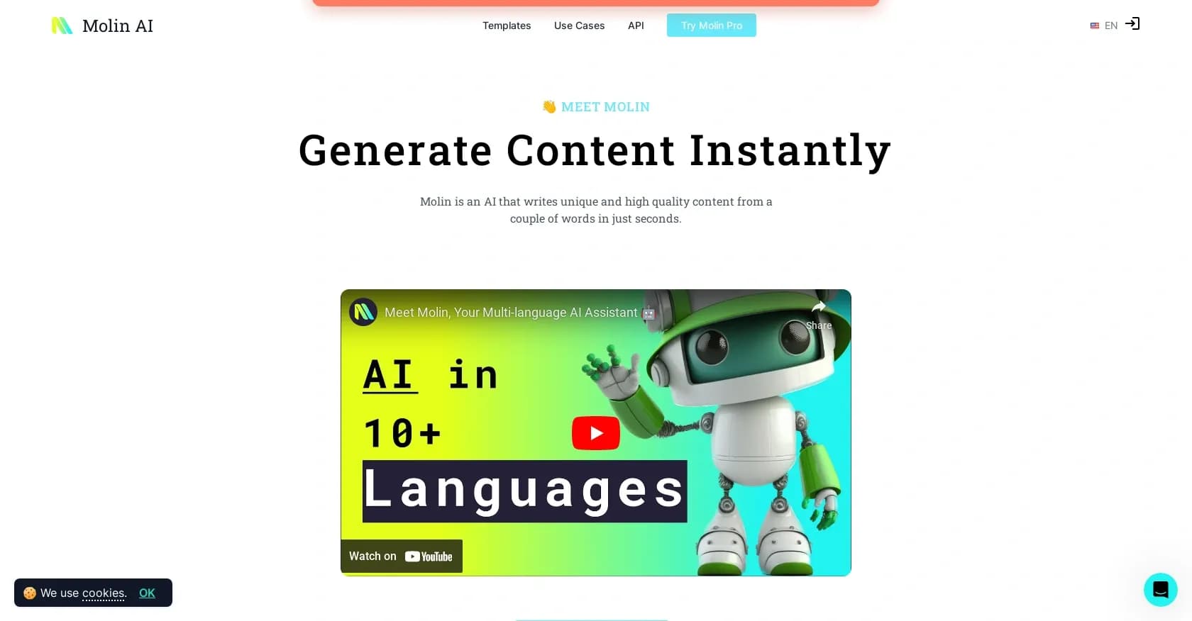 Molin homepage screenshot — AI-powered content creation in seconds