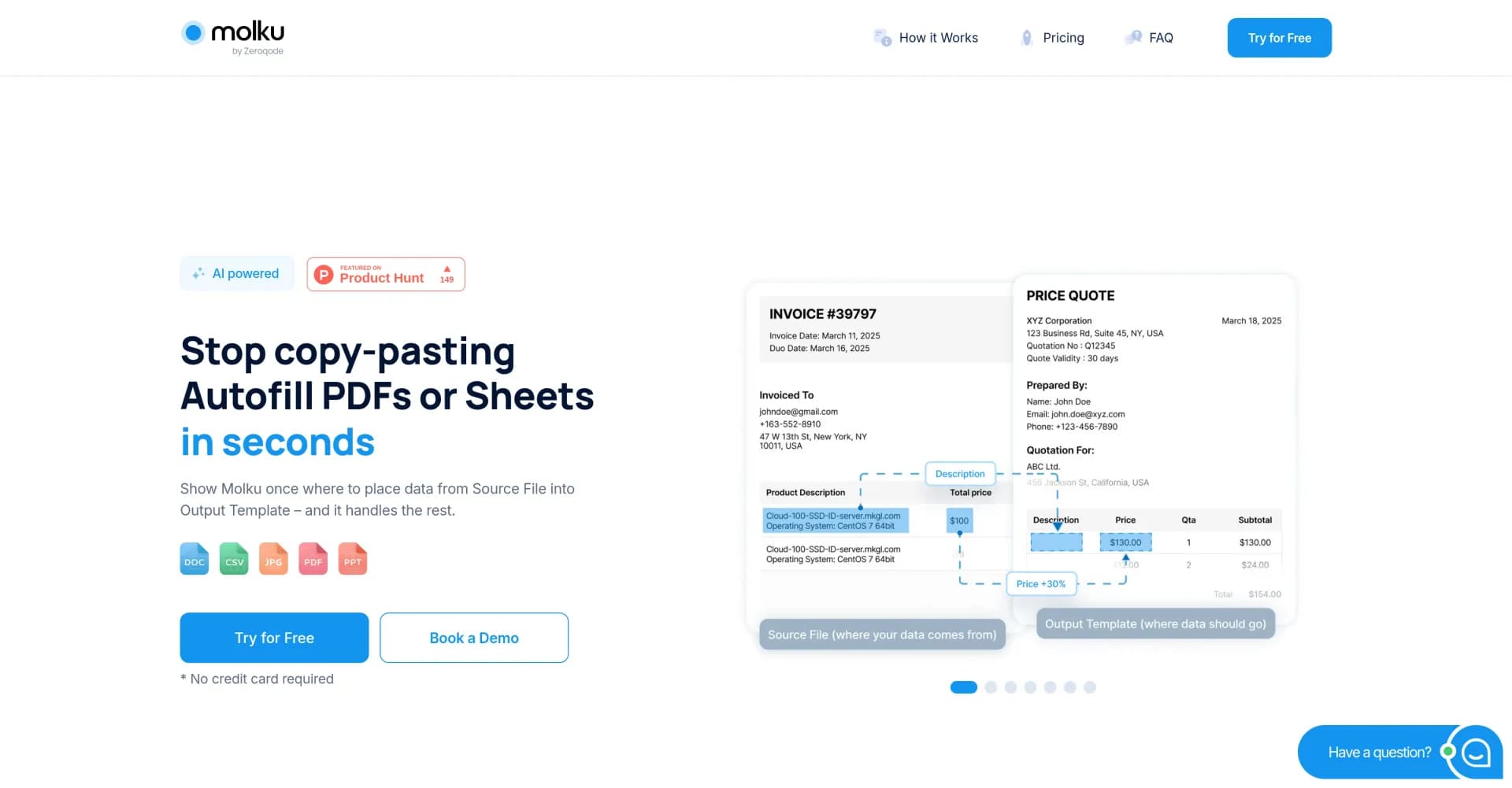 Molku homepage screenshot — Autofill PDFs & Sheets instantly from any document.