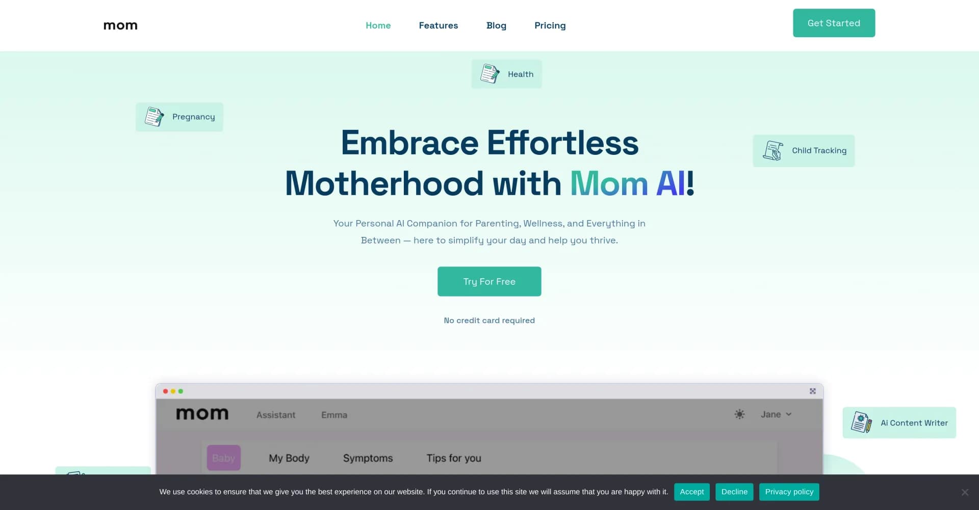 Mom AI homepage screenshot — AI companion for effortless parenting and wellness